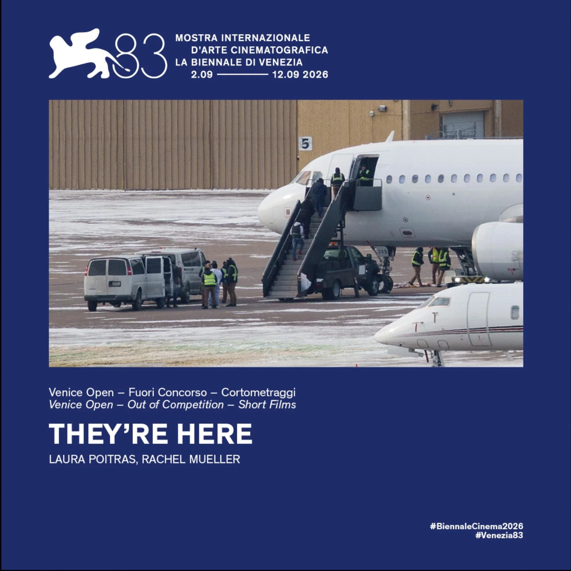 Announcement that the short film They're Here is an official selection of the Venice film festival. Image of an ICE Air Operations flight with agents and detainees boarding a plane.