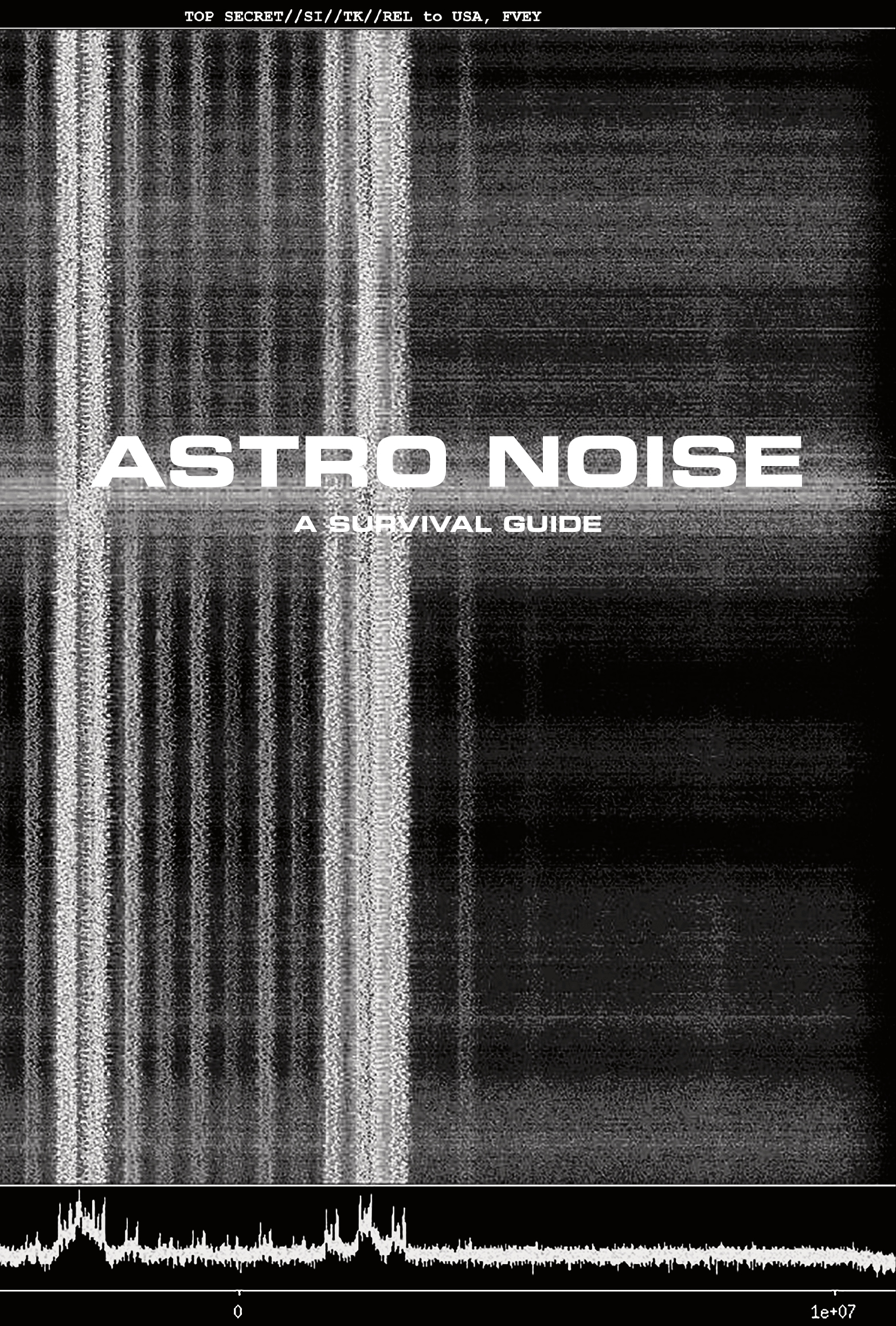Book cover for 'Astro Noise: A Survival Guide,' the catalog for Laura Poitras's exhibition, featuring a black and white image of a distorted, static-filled background and top secret notation at the top, and a waveform graph at the bottom.