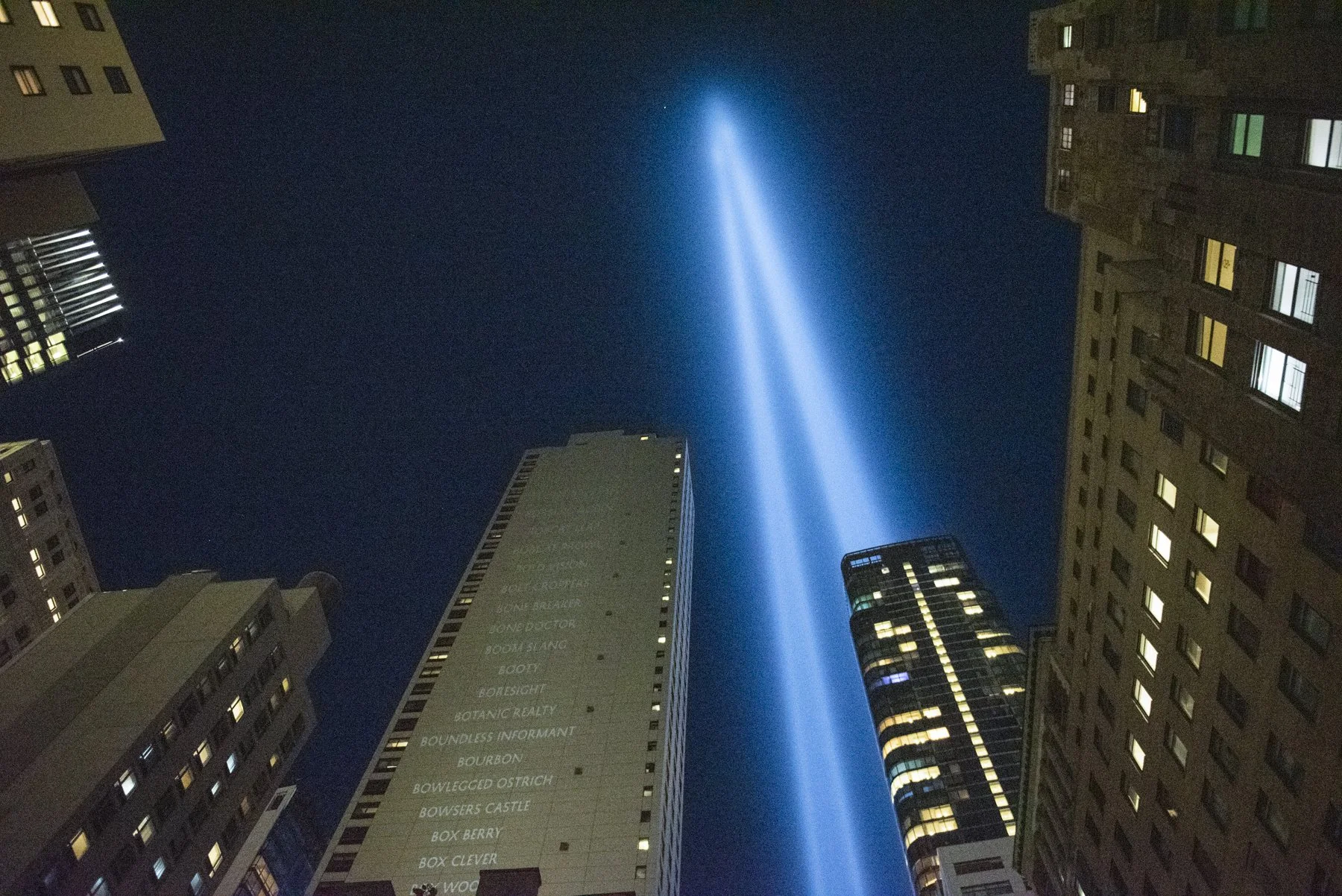 Nighttime scene of Trevor Paglen's 'Codenames of the Surveillance State' projected on city buildings with two beams of blue light in the sky.