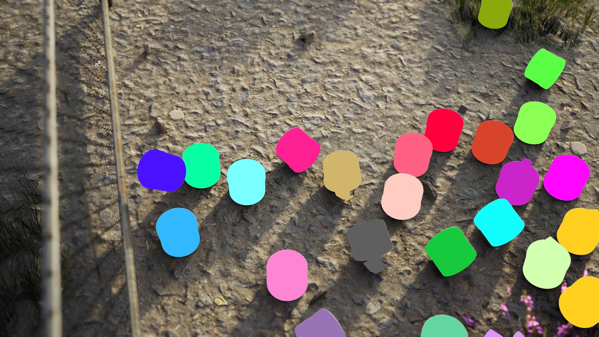 A 3D render of triple-chaser tear gas canisters rendered in bright colored silhoutters scattered on a dirt ground.