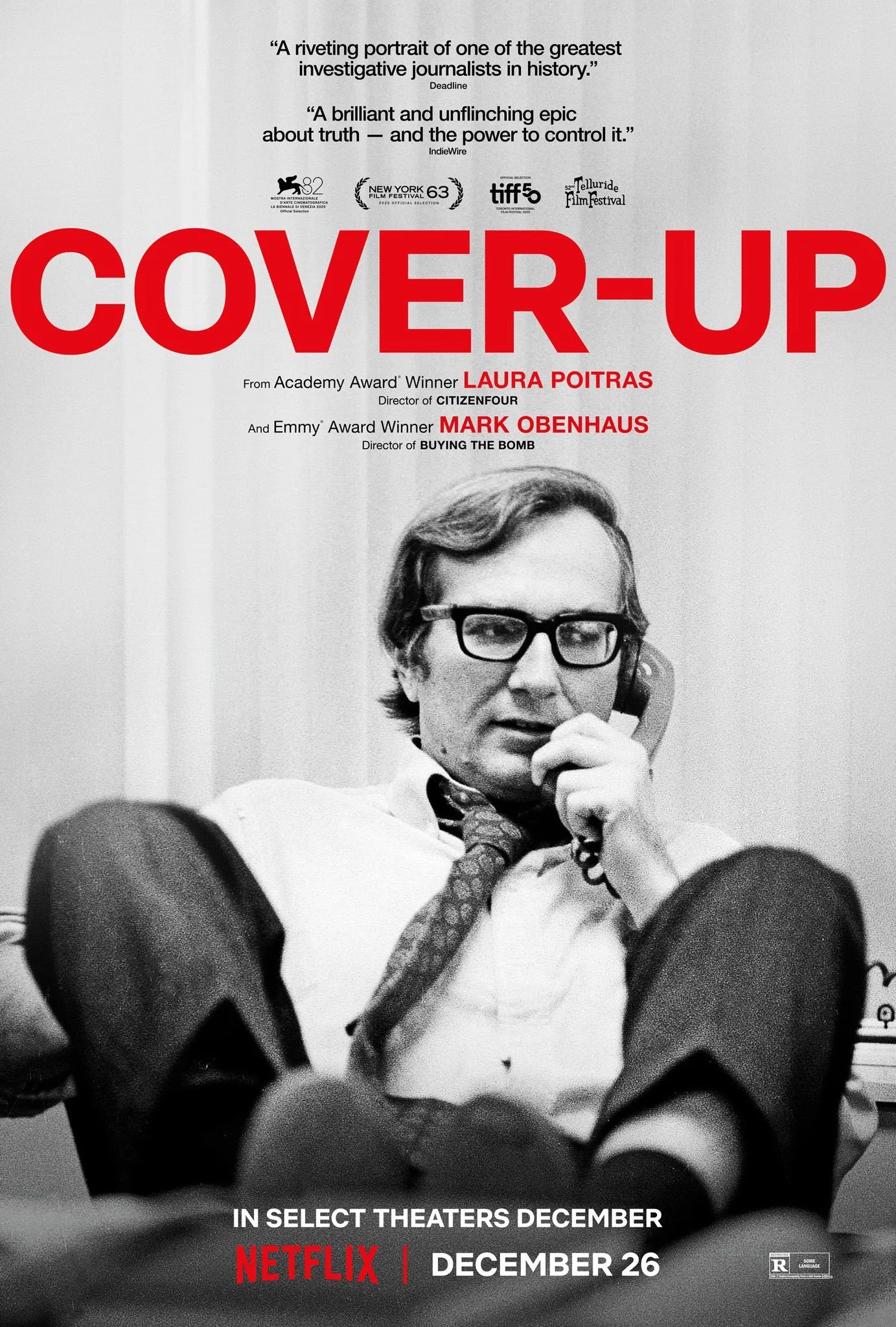 Movie poster for 'Cover-Up' featuring a black and white photo of journalist Seymour Hersh, a white man with glasses, sitting with legs up, talking on the phone. The poster includes quotes praising the film and lists the director and awards.