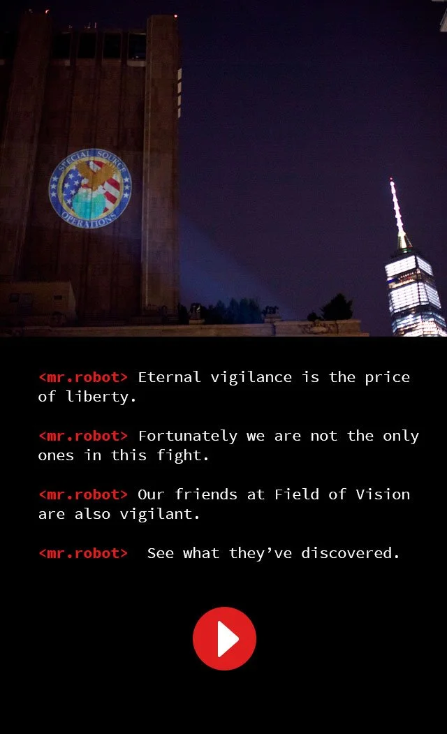 A message from Mr. Robot about the film Project X. A nighttime cityscape with a building displaying the Special Source Operations emblem and the Empire State Building with its illuminated spire in the background.