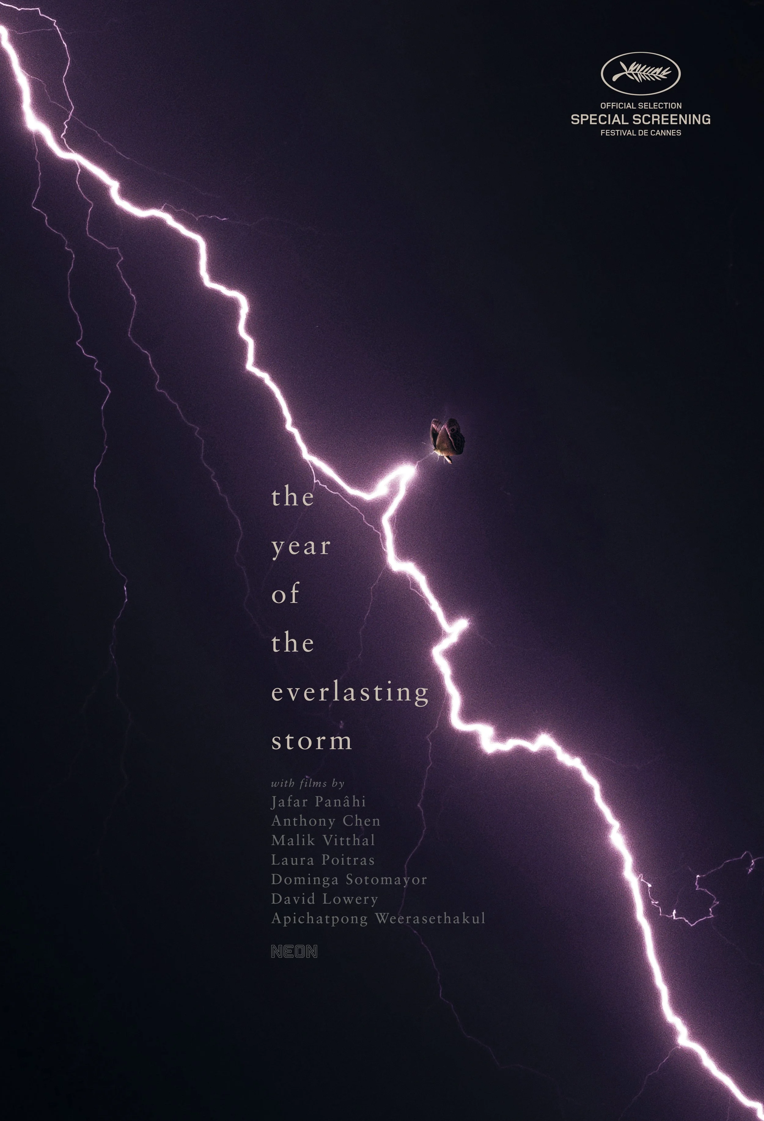 Film poster for the anthology 'The Year of the Everlasting Storm' featuring a dark sky with a purple lightning bolt. The top right has a festival logo and text indicating special screening at Cannes. 