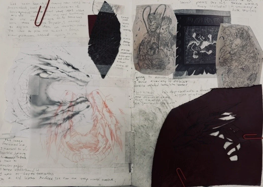 A collage of sketches and handwritten notes featuring a dragon, a person with a dragon mask, and mythical creature illustrations, held together with red paper clips.