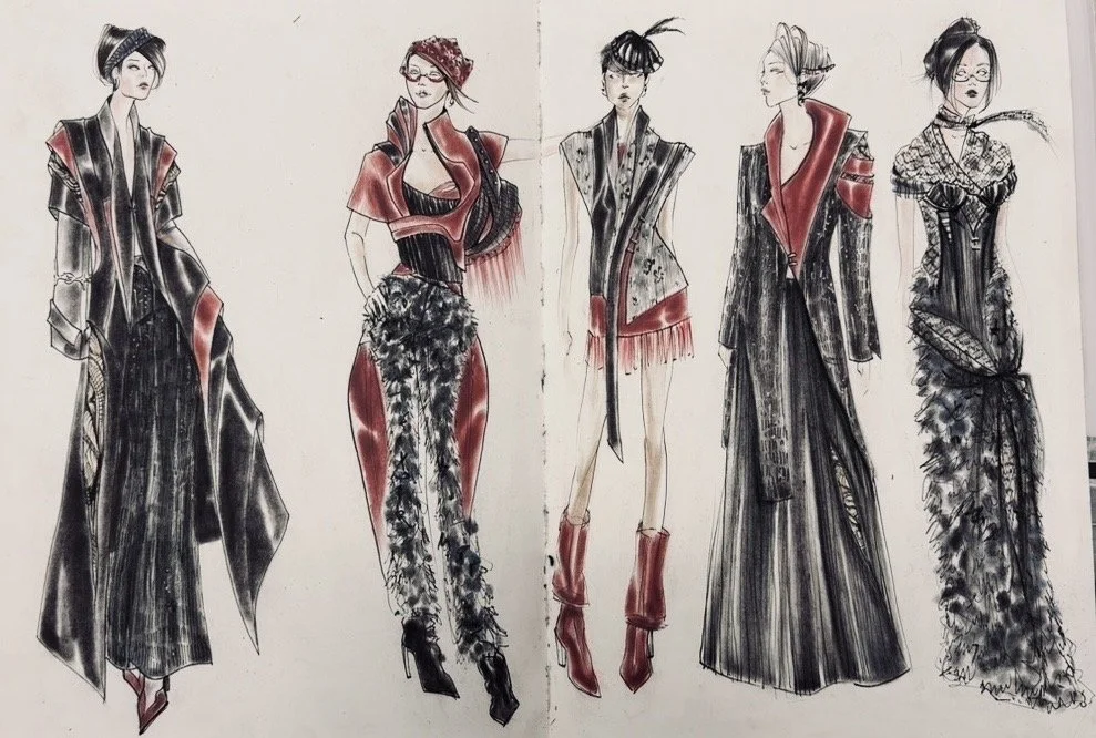 Fashion illustration featuring five women in avant-garde outfits with black, red, and gray tones, showcasing unique, high-fashion styles.