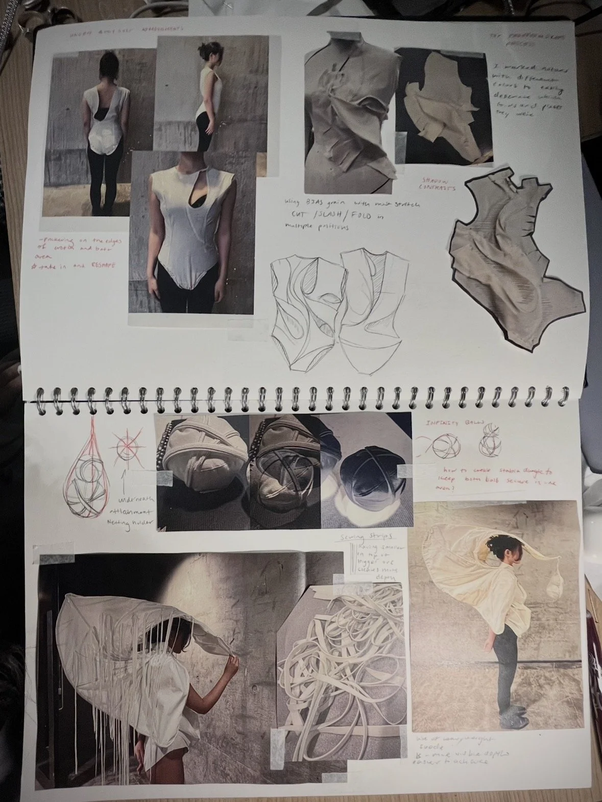 A collage of fashion design inspiration, including photos of a woman modeling a white top with cutouts, sketches of clothing patterns, fabric swatches, and images of a woman with a flowing piece of fabric creating a sculpture-like effect. There are handwritten notes and annotations related to design ideas and construction techniques.