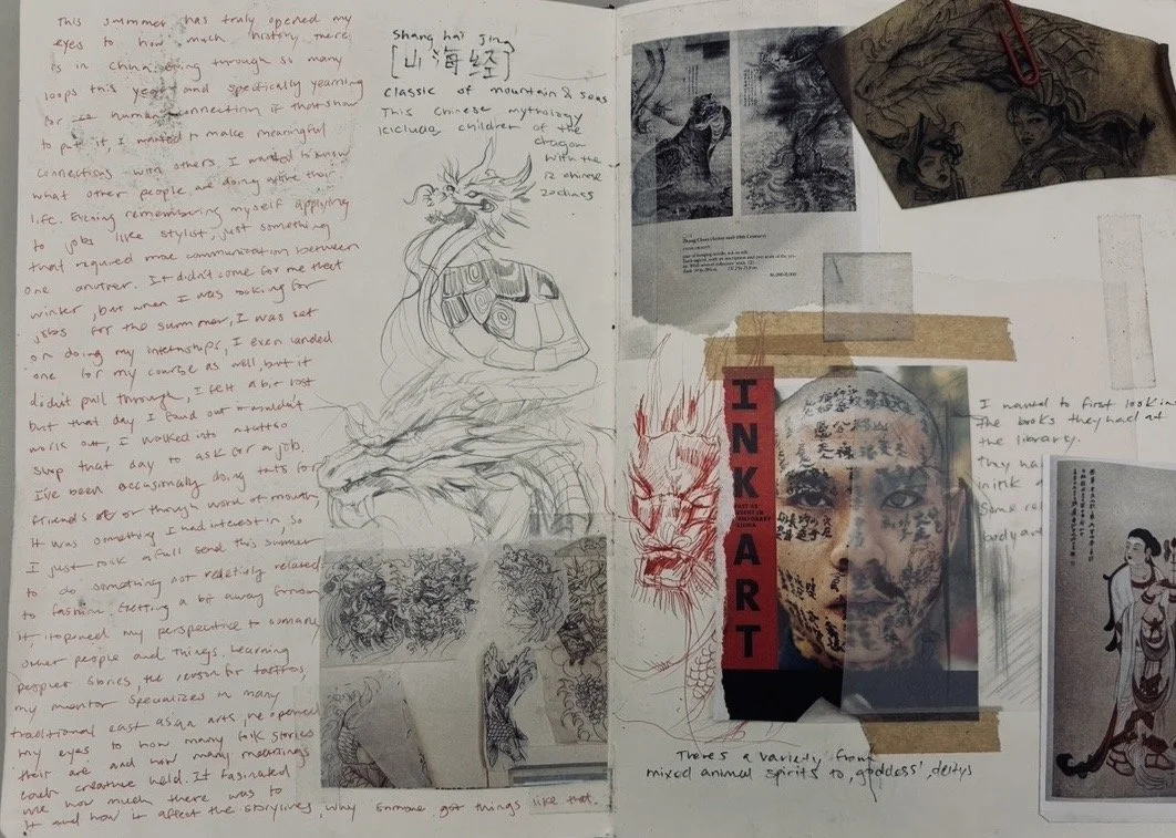A collage of sketches, photographs, and handwritten notes on a notebook page, including a detailed drawing of a dragon, a fierce face, and a stylized woman, with various text elements and taped photographs.