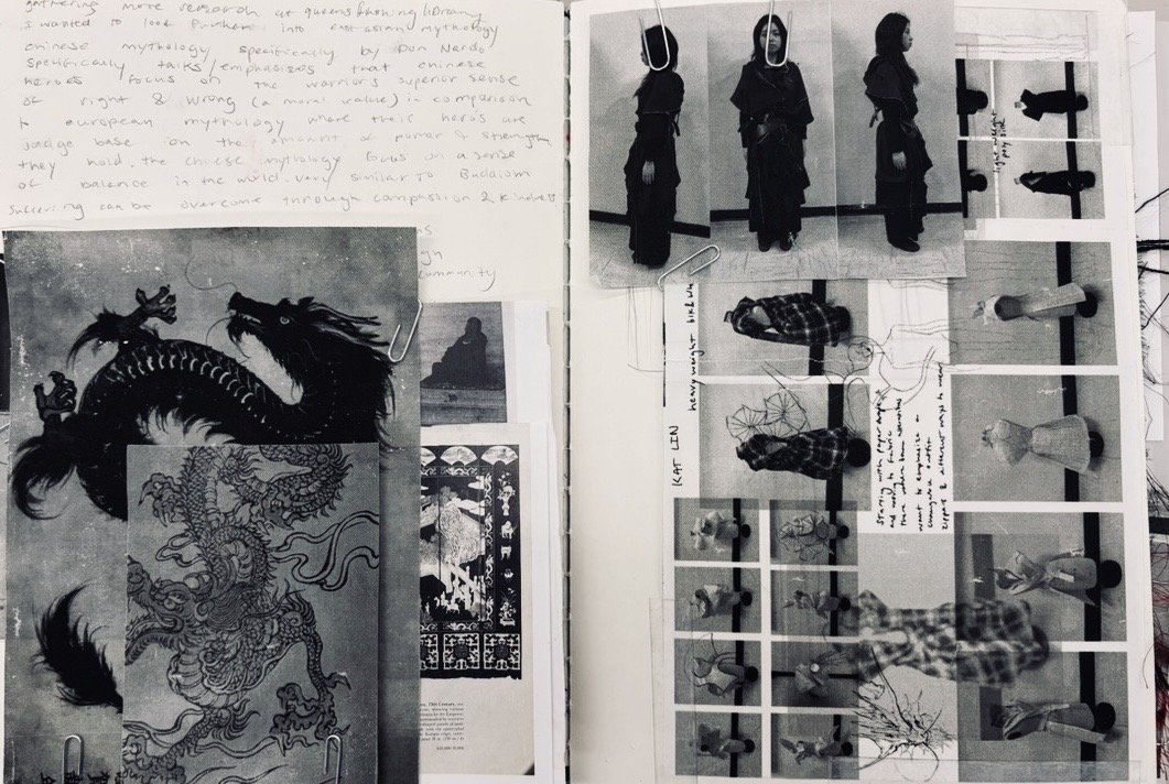 A collage of black and white photographs and drawings. On the left, a paper with hand-written notes, behind which are images of dragons, one Chinese style and one Western style. On the right, three photographs of children in dark clothing with hoods, standing in different poses, with additional images of children posing and several small photos of mannequins or figures, including a woman in a dress and various objects mounted on white backgrounds.