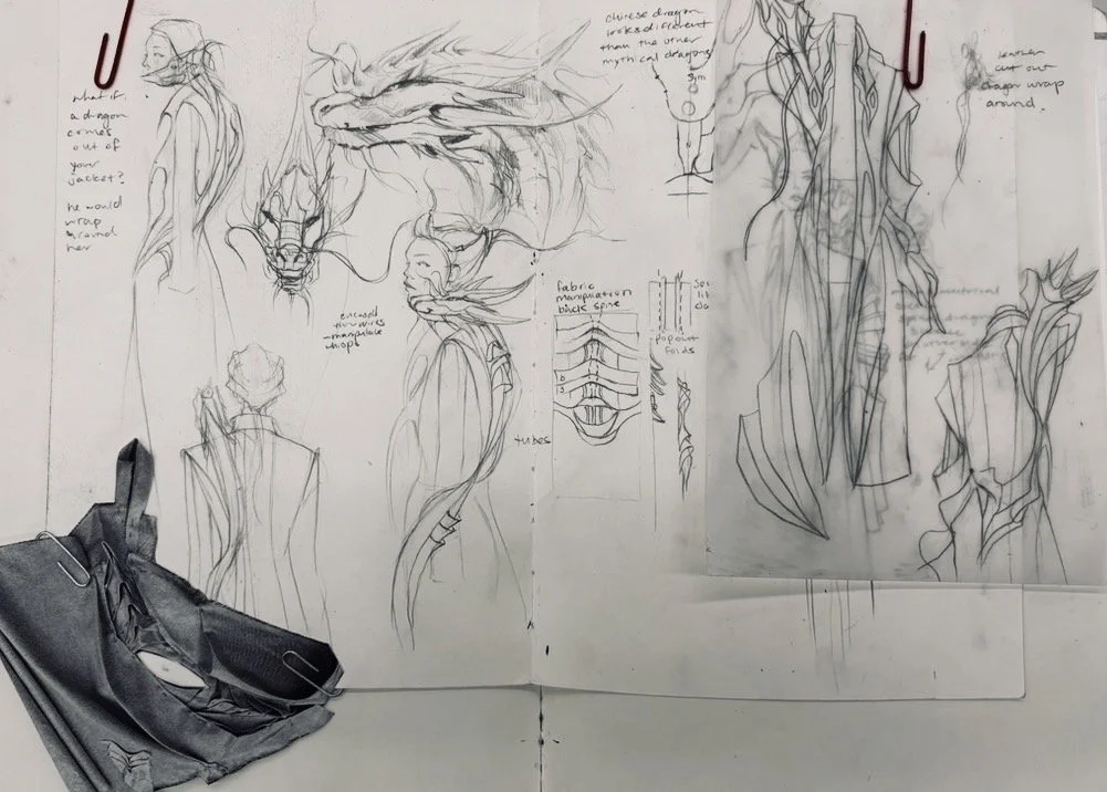 Sketches and notes of dragon design concepts, including side profiles, head details, and fabric anatomy, with a black bag in the lower left corner.