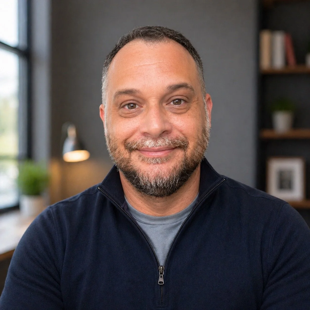 A middle-aged man with short dark hair, a beard, and a mustache smiling at the camera, indoors with a dark gray wall, books, and plants in the background.