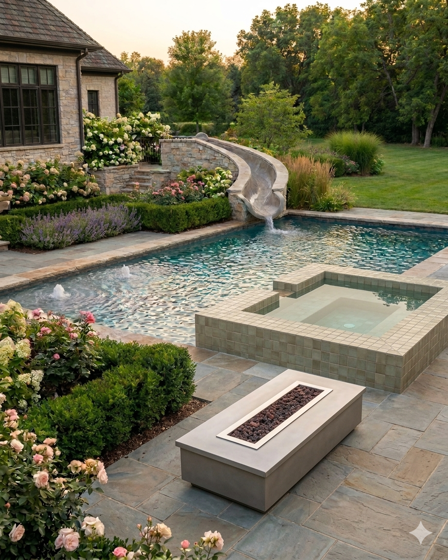 Backyard with swimming pool, water slide, hot tub, landscaped garden, and house, during early evening.