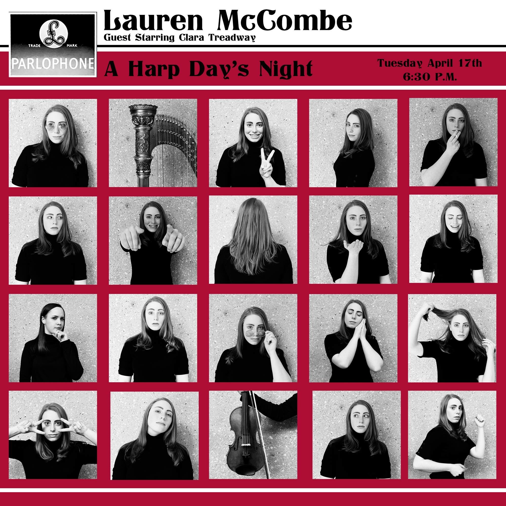 A promotional flyer for a harp concert titled 'A Harp Day's Night,' featuring a guest star Clara Treadway. The flyer shows a grid of black-and-white photos of a young woman with long hair in various poses, such as holding sunglasses, pointing, or touching her face, with a harp and a guitar also included. The event is scheduled for Tuesday, April 17th at 6:30 PM, and the flyer has a red, black, and white color scheme.