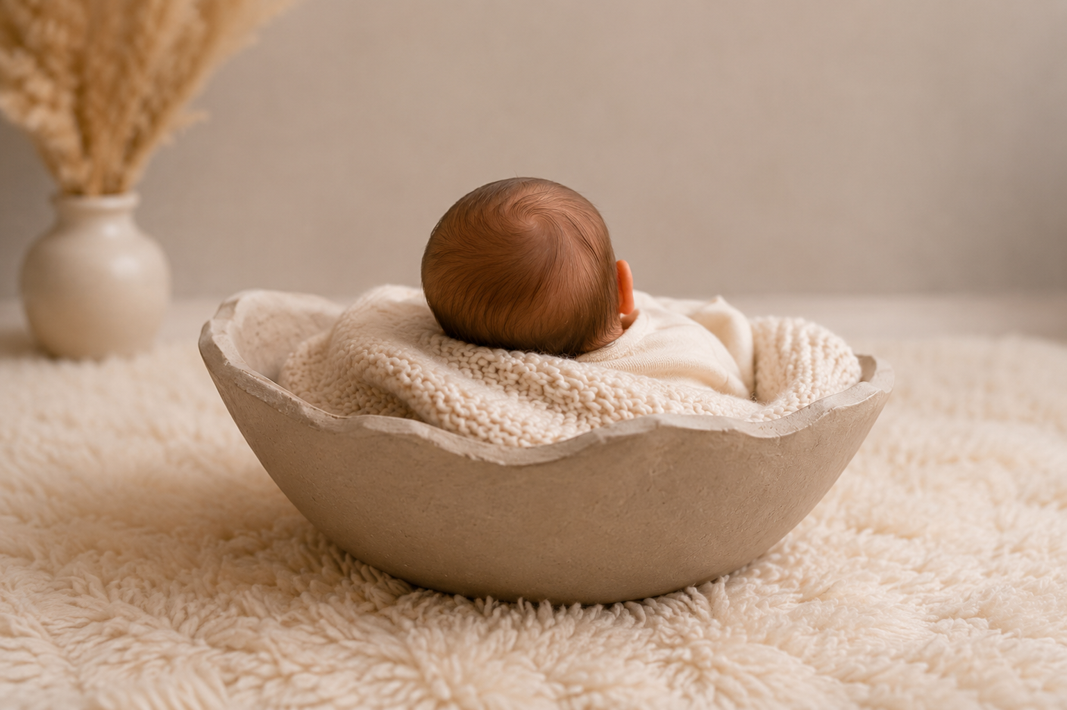 Kleiner neugeborener Baby sitzt in einer weißen, geschwungenen Kunststoffschale auf einem flauschigen, cremefarbenen Teppich, umgeben von einer weißen, gestrickten Decke, mit einem beigeweißen Hintergrund und einer Vase mit getrockneten Pflanzen im Hintergrund.