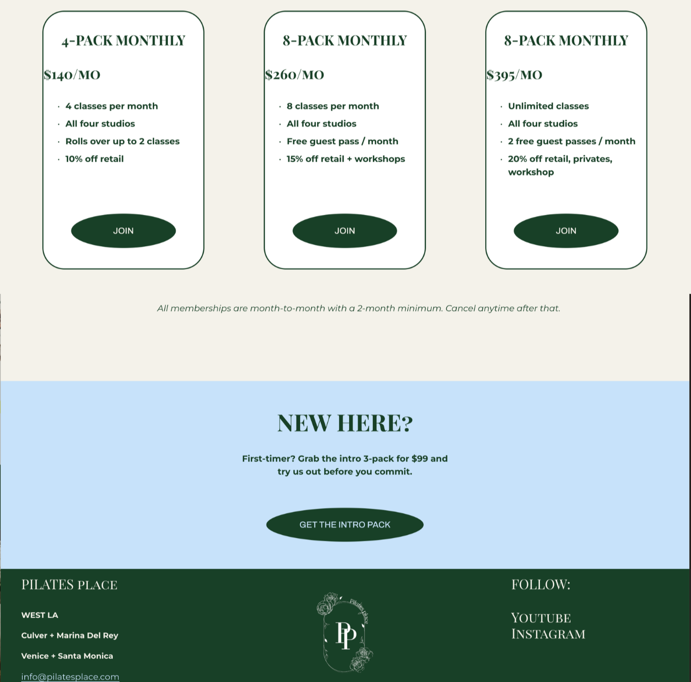 Pilates studio memberships pricing tiers — custom Squarespace web design by Blue Space