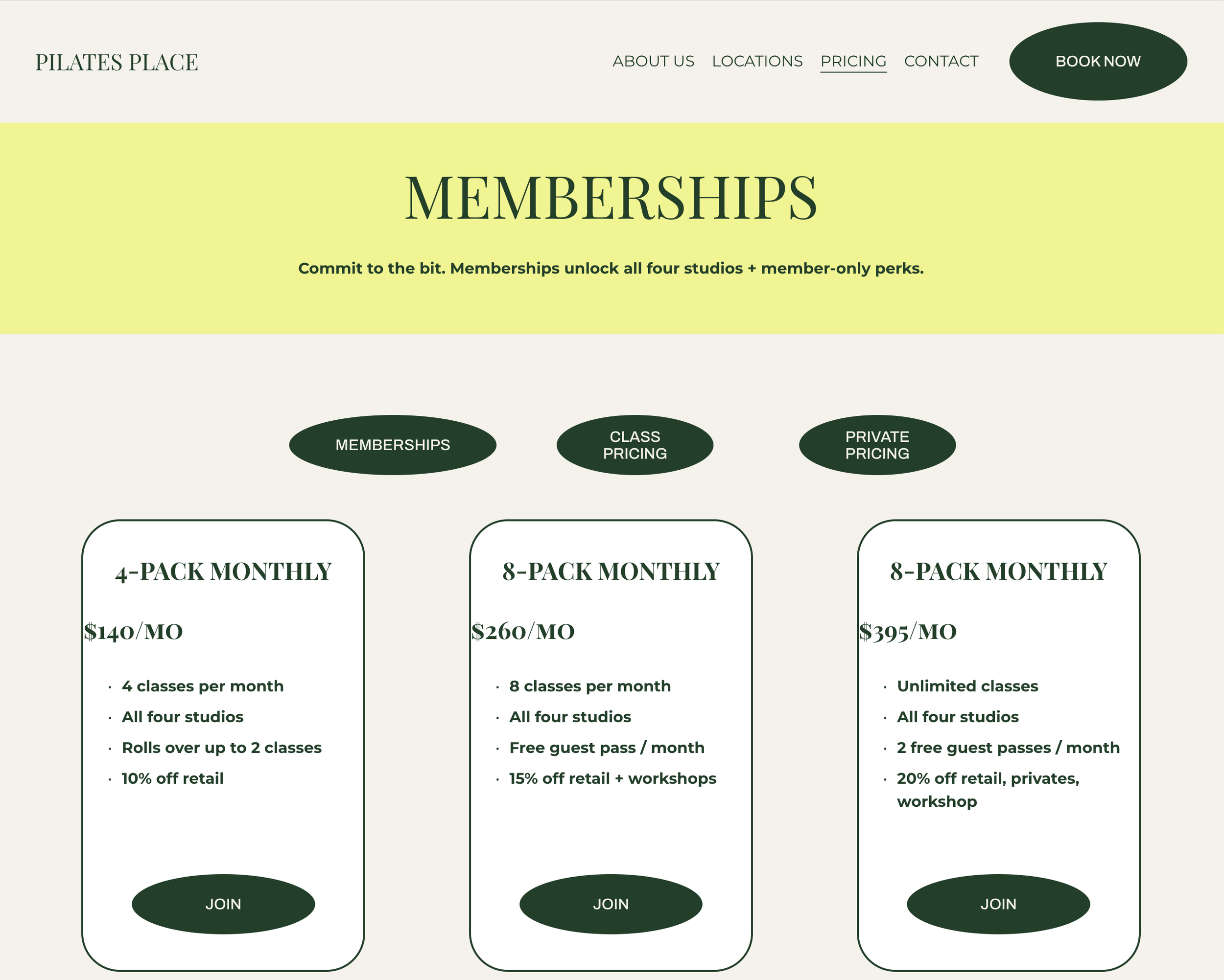 Pilates Place memberships page on desktop — conversion-focused Squarespace design by Blue Space