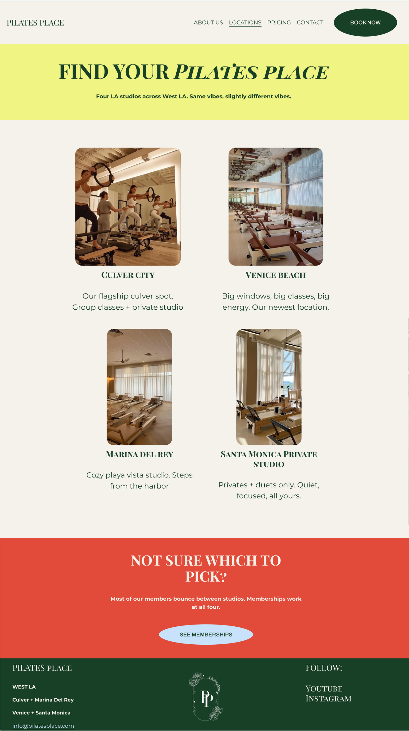 Pilates Place locations page featuring four Los Angeles studios — Squarespace design by Blue Space
