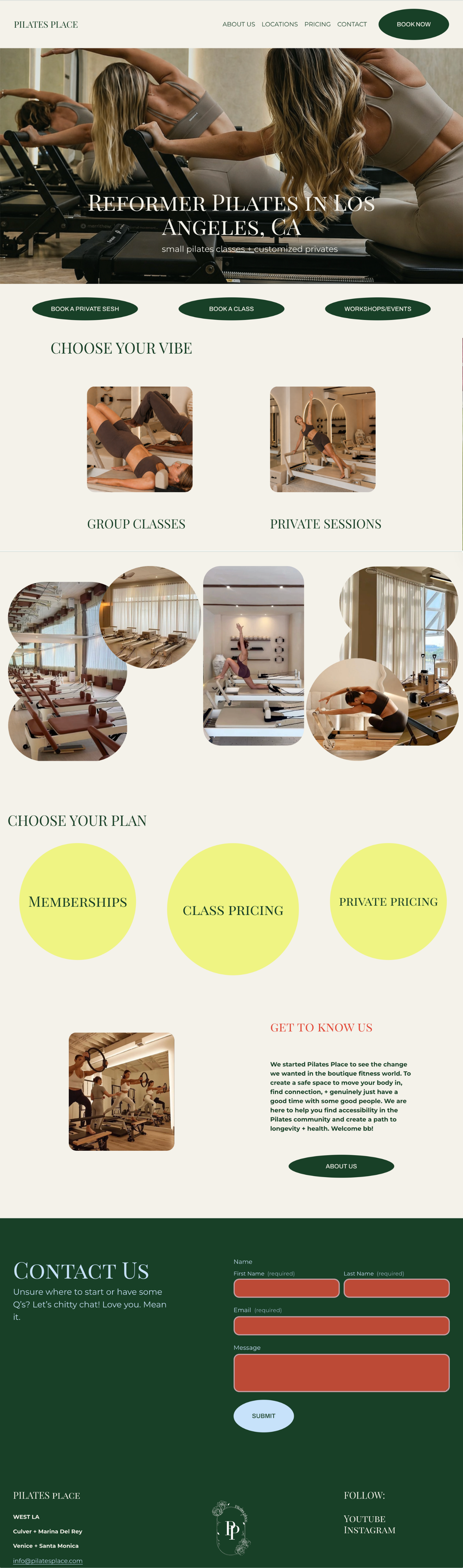 Pilates Place homepage — Squarespace web design for a reformer Pilates studio in Los Angeles