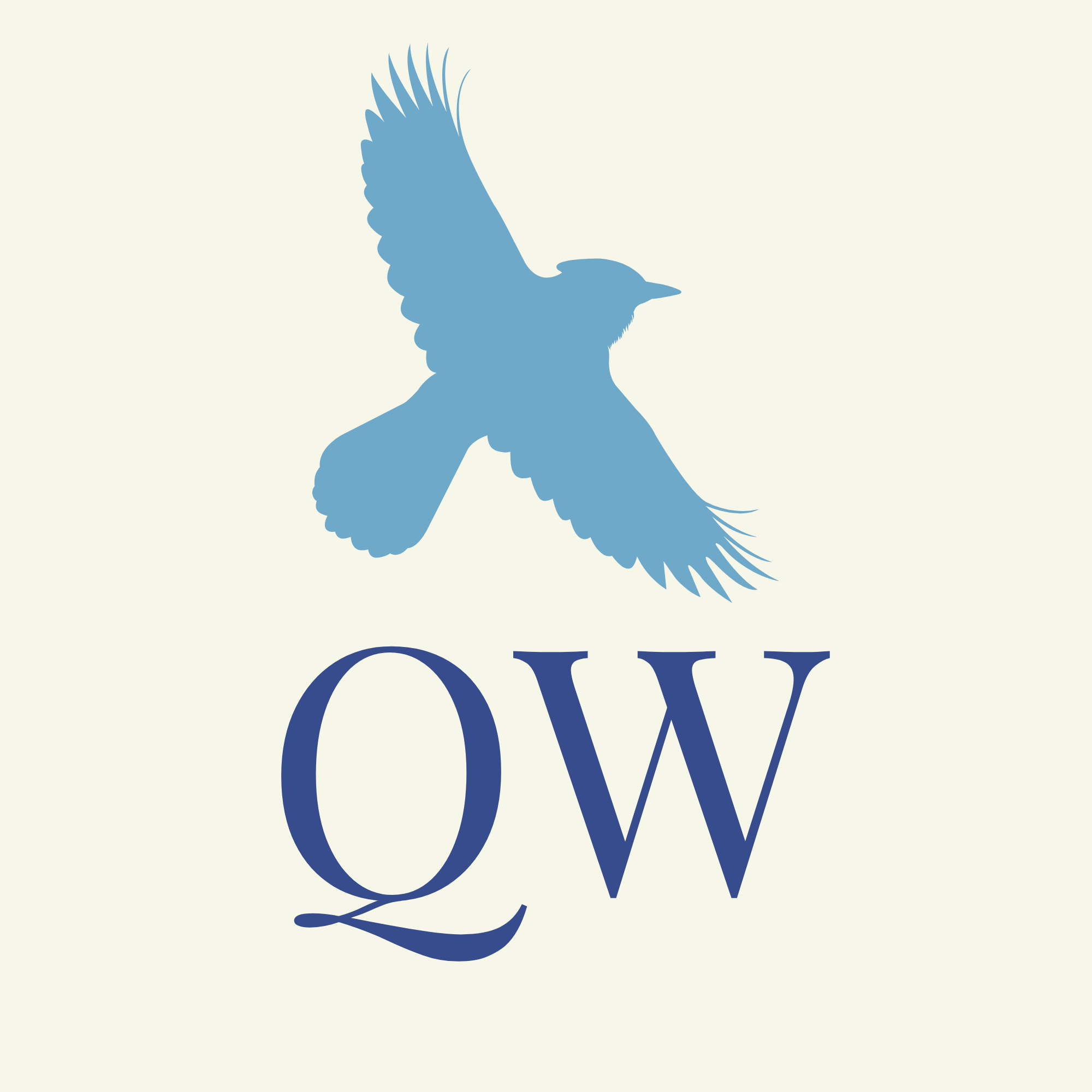 A blue silhouette of a bird with its wings spread, with the abbreviation "QW" in stylized font below.