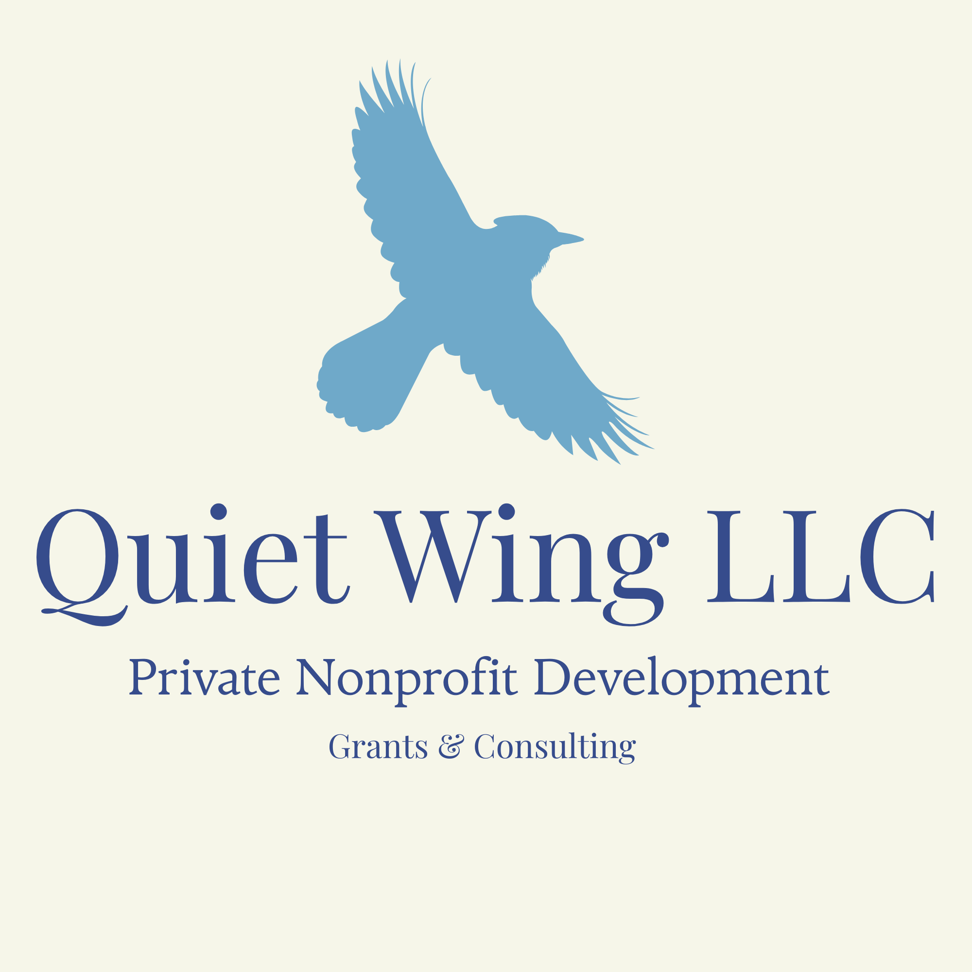 Blue silhouette of a bird with one wing raised, positioned above the text 'Quiet Wing LLC' and other business information on a light background.