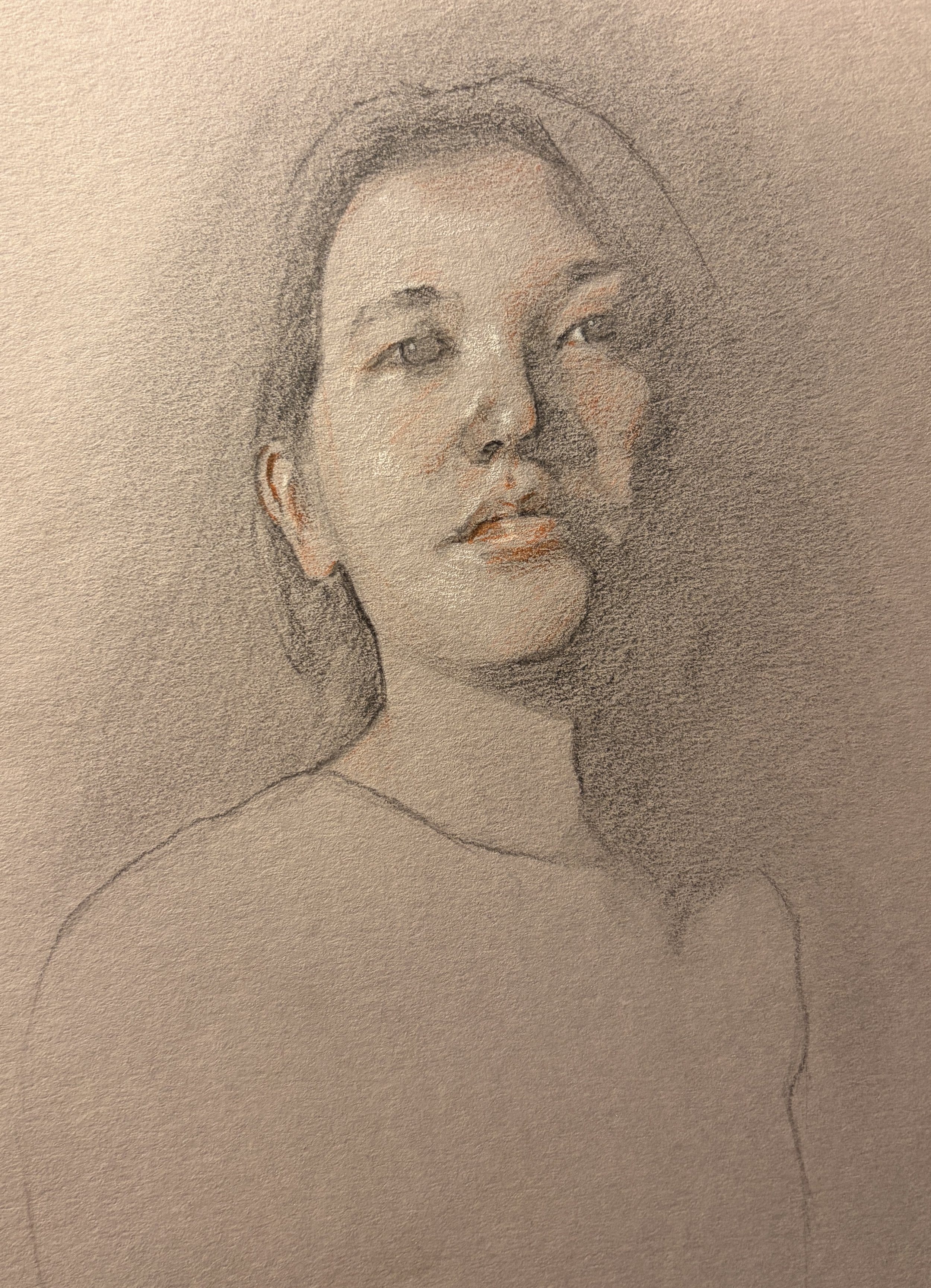 "Maggie O'Connor," 5x7, charcoal/sanguine pencil/white chalk, $35