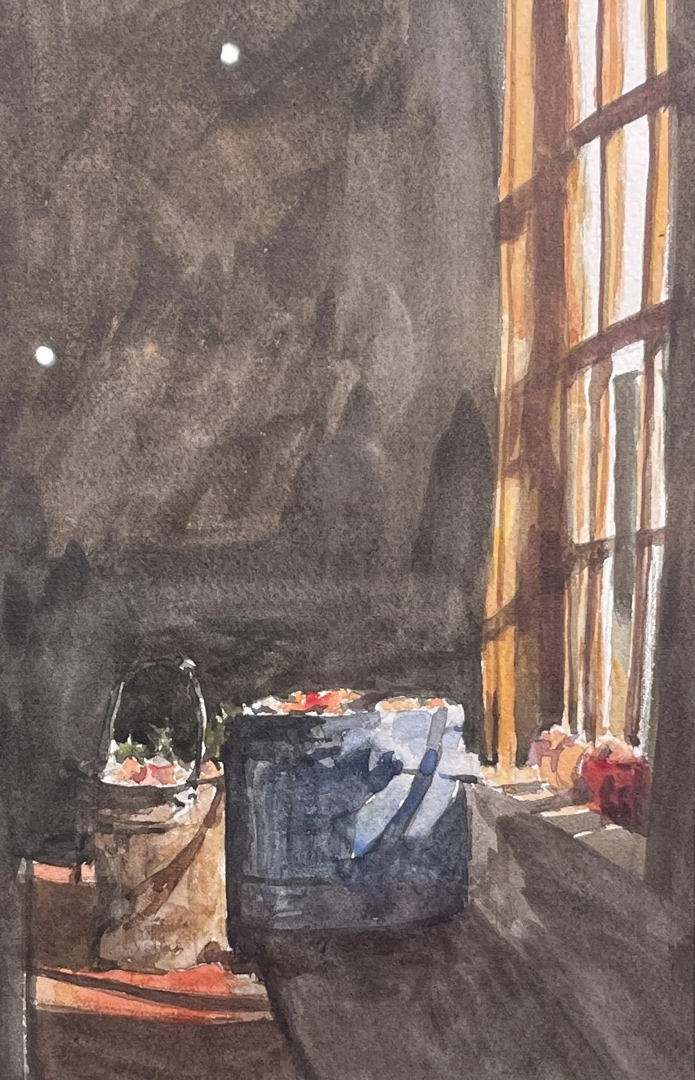 A still life watercolor painting of a kitchen windowsill with a blue kettle, a jar, a bowl of fruit, and four small potted plants, illuminated by sunlight coming through a wooden window.