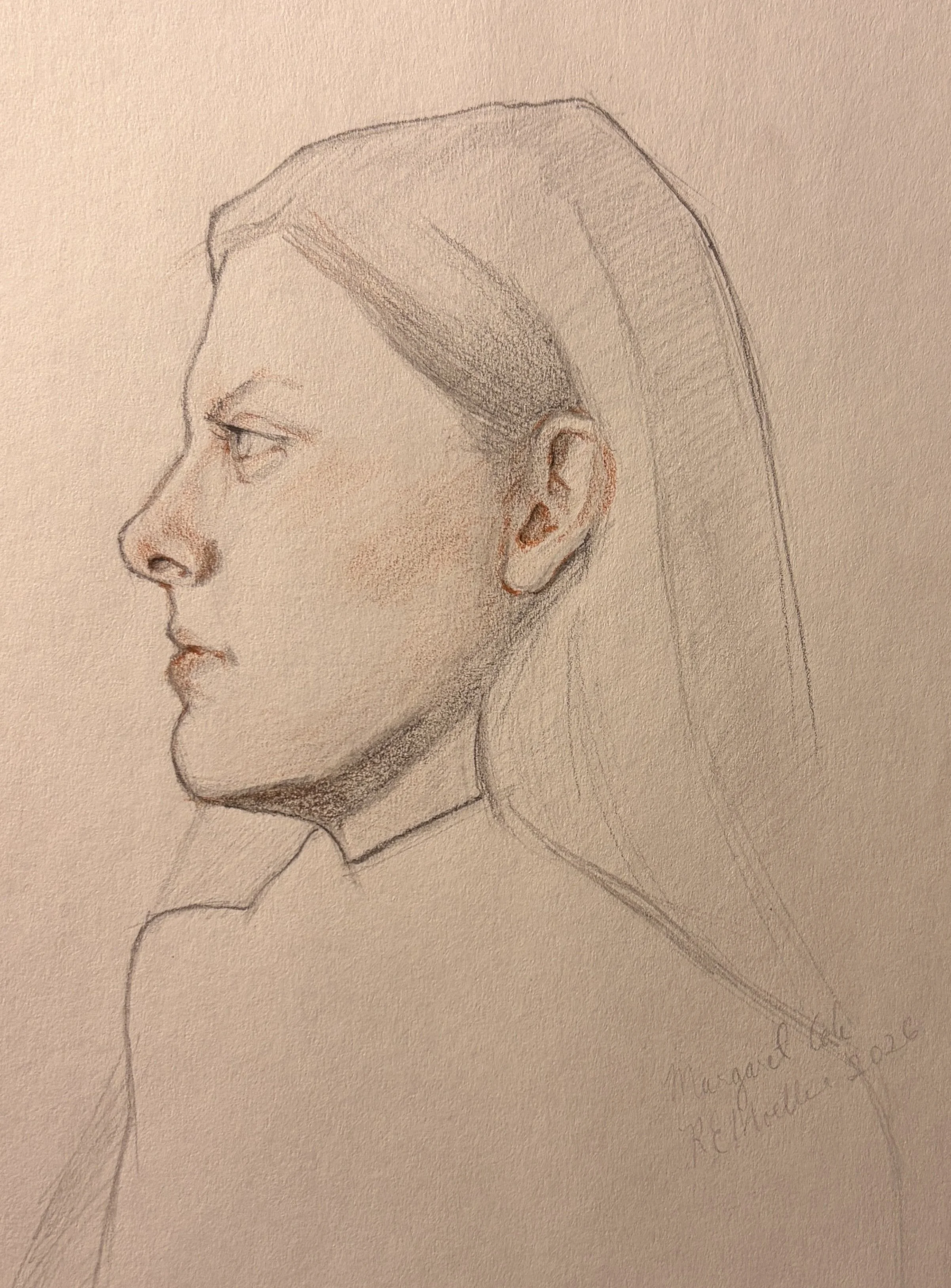 "Margaret after Ingres," 5x8, charcoal/sanguine pencil, $40