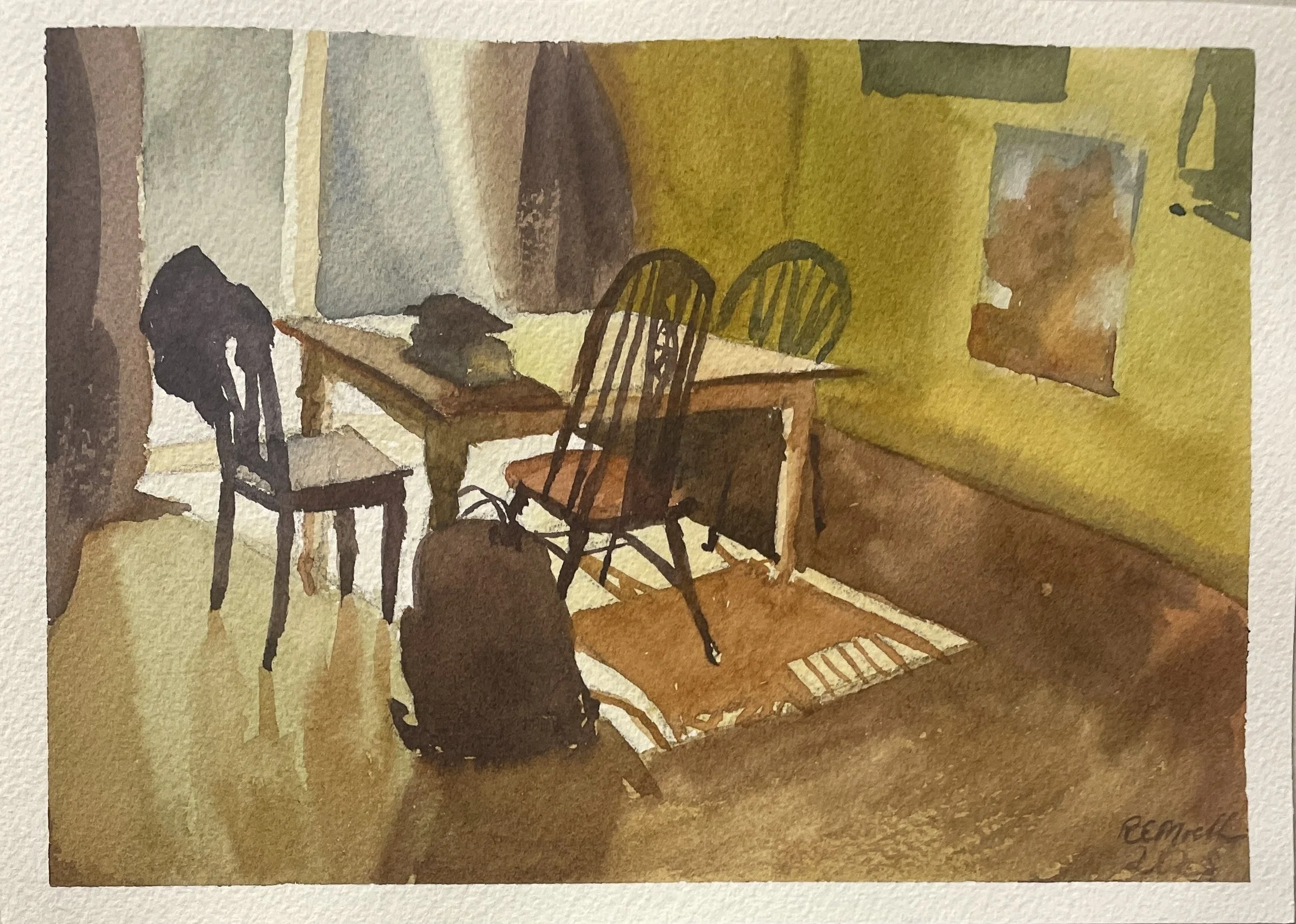Watercolor painting of a dining room with a yellow wall, a wooden dining table, black chairs, a rug, and artwork on the wall.