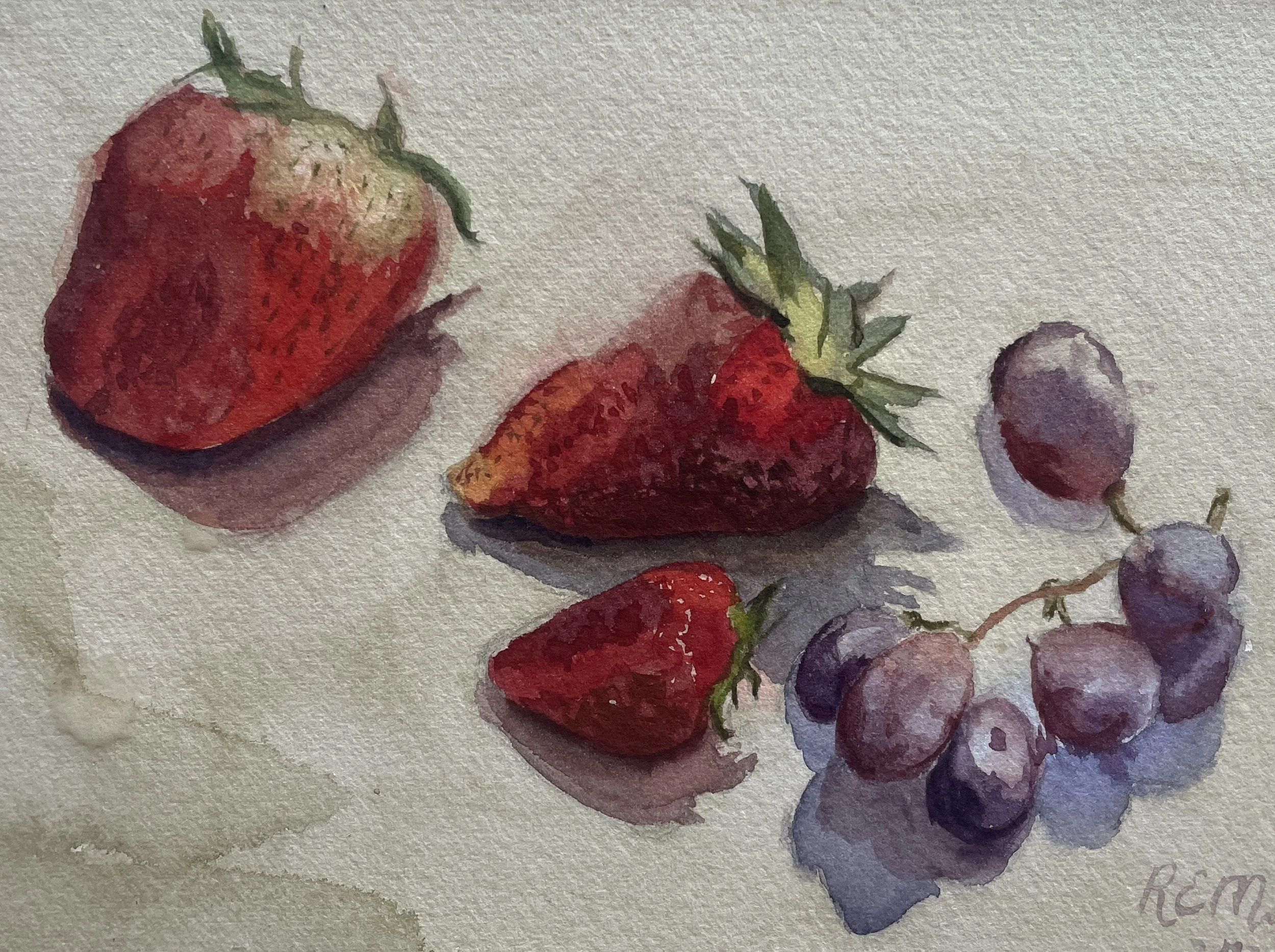 A watercolor painting of a variety of strawberries and blueberries on a textured surface.