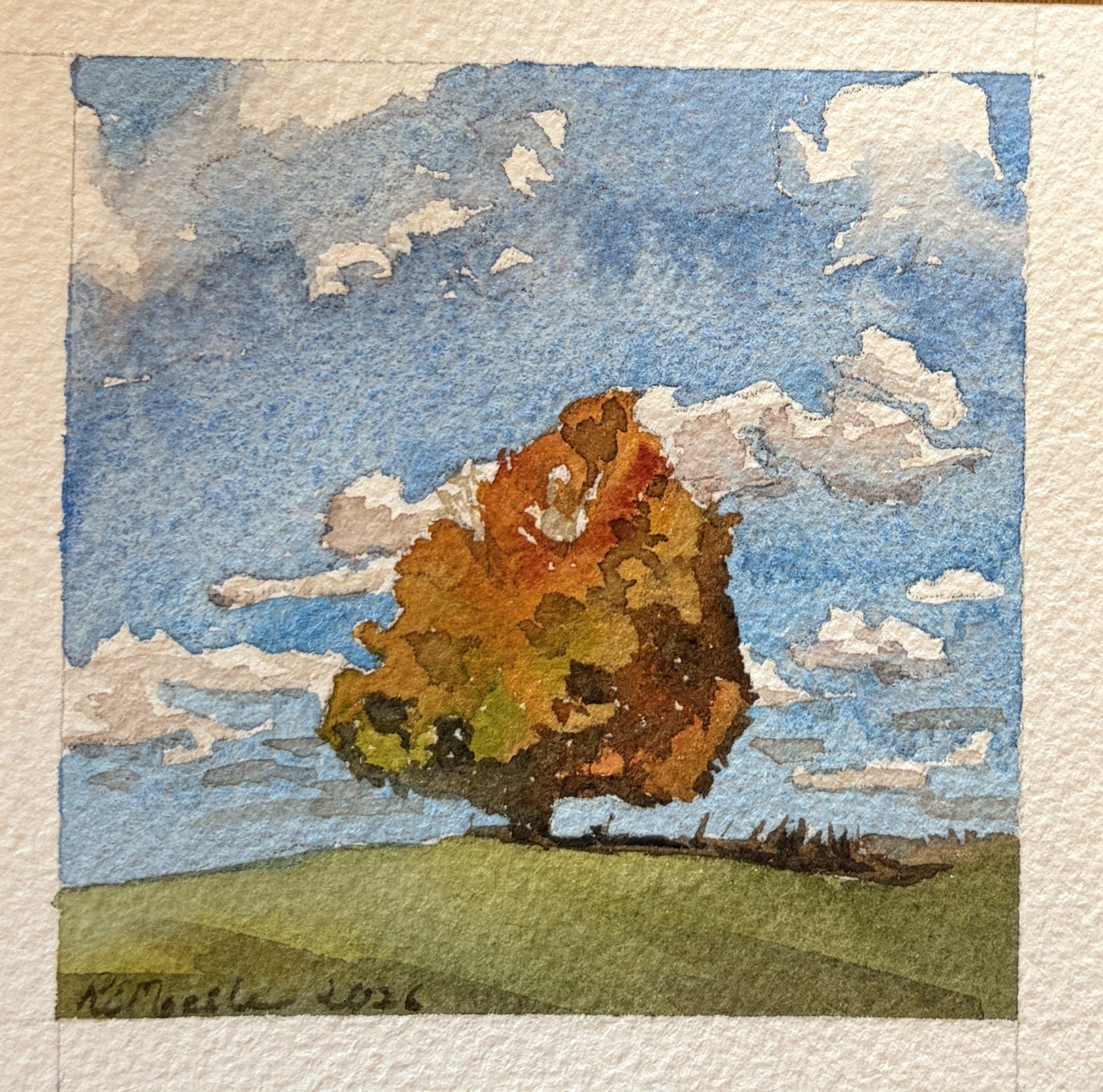 Sample watercolor swatches in shades of blue, orange, green, gray, and brown, with handwritten text 'Michaels' in the bottom left corner.