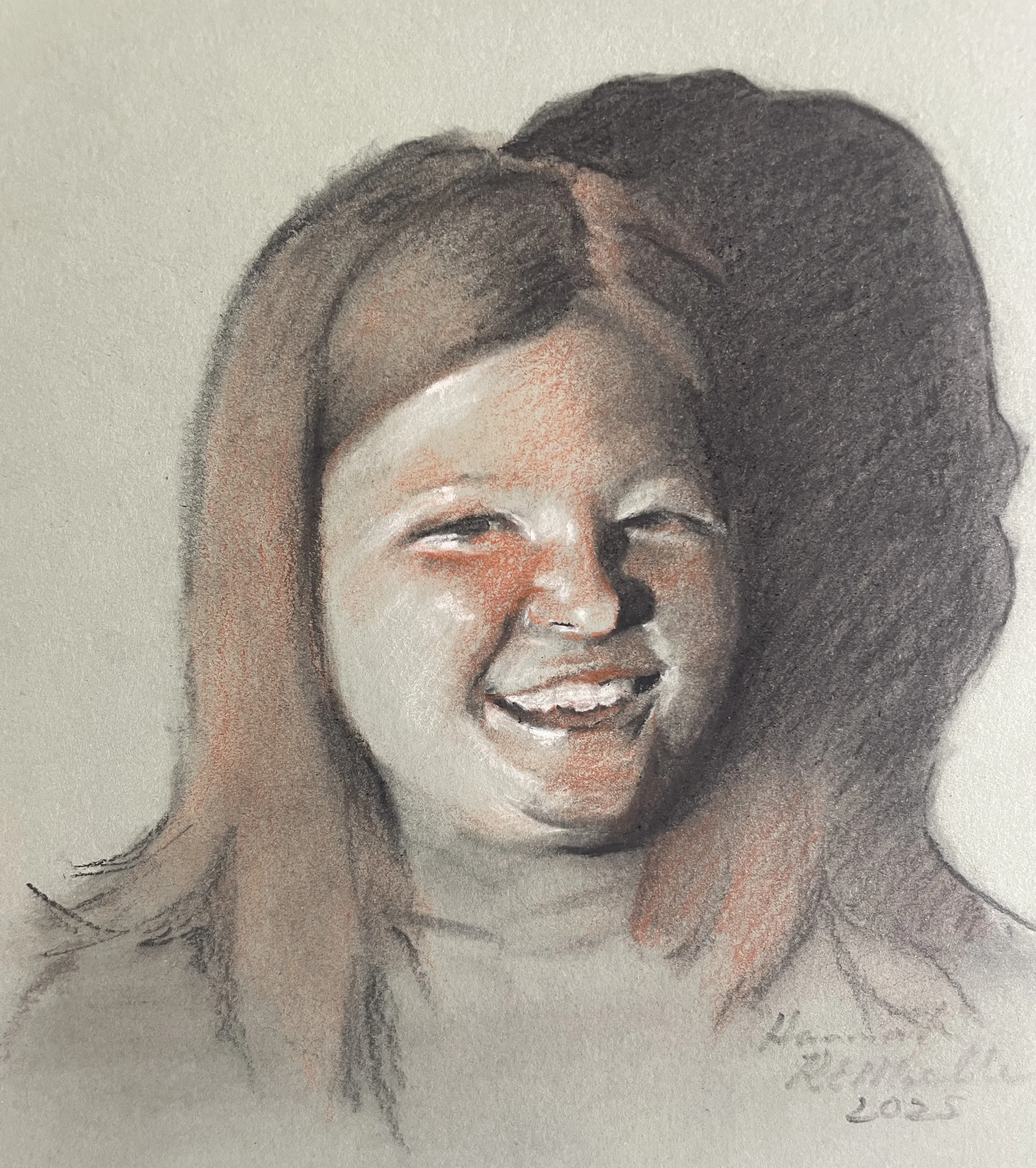 "Hannah in Sanguine," 6x8, charcoal/sanguine pencil/white chalk, $40