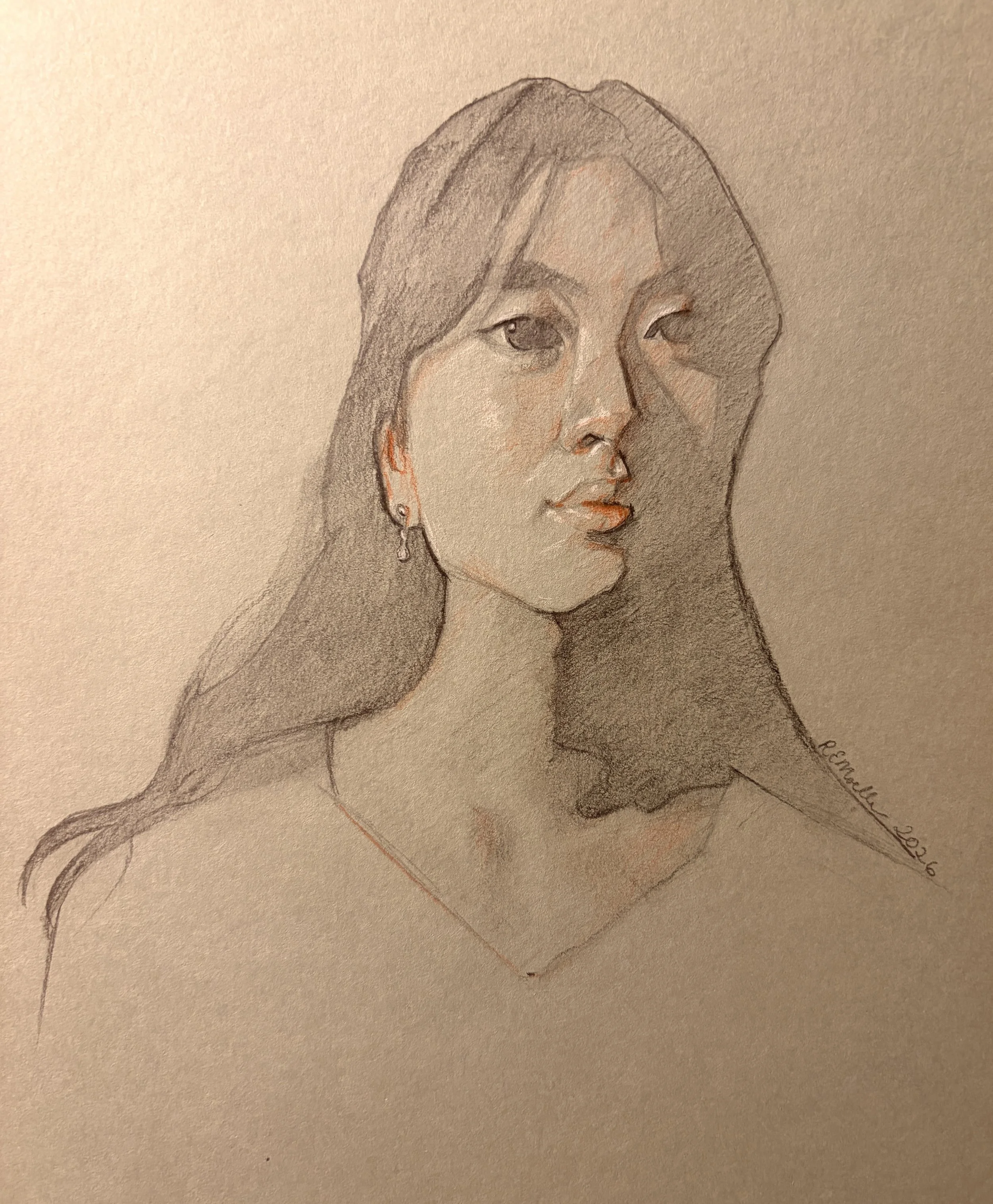 "Joy Li," 5x8, charcoal/sanguine pencil/white chalk, $40
