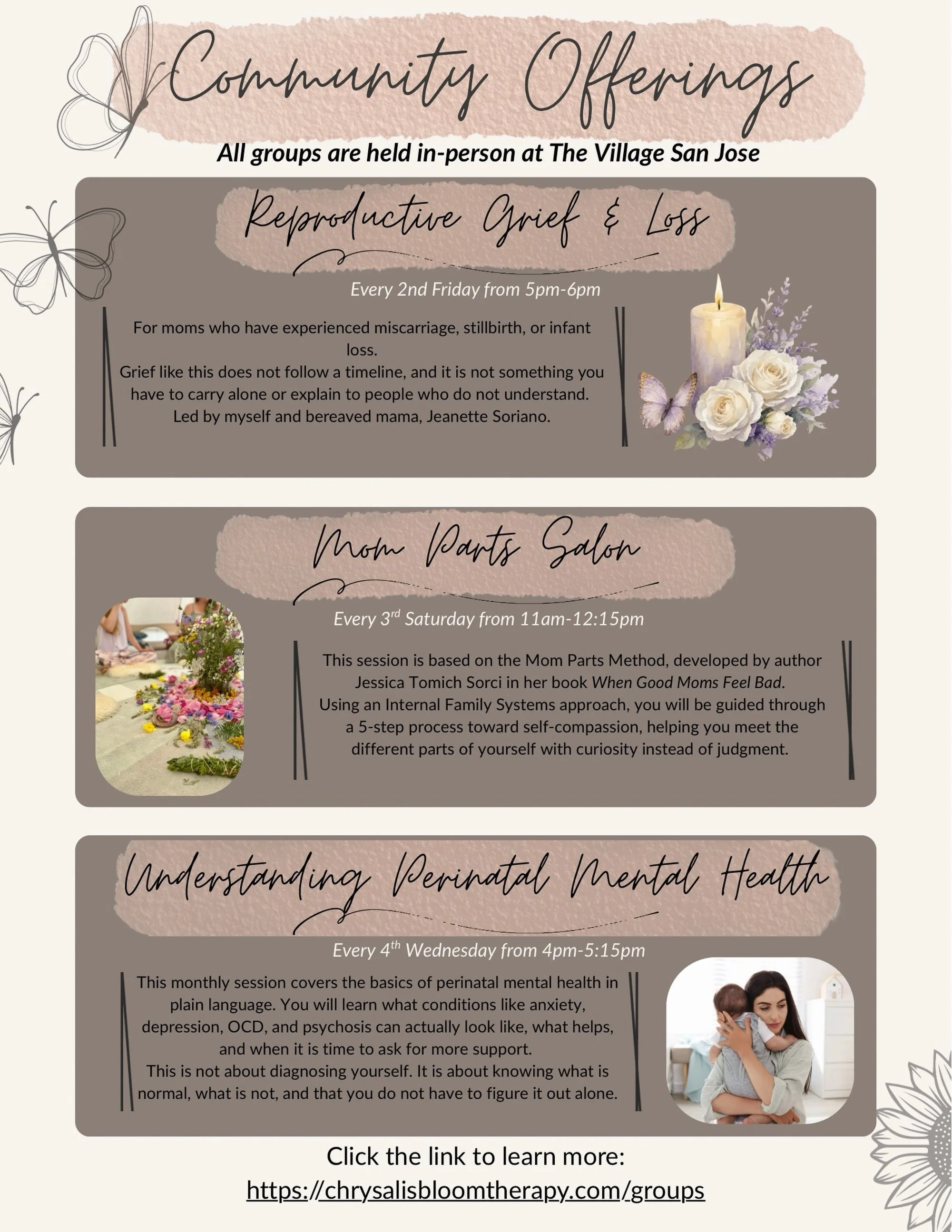 🦋 Community Support Offerings Starting in August!

I am excited to share that I have partnered with @adrounyvillagewellness in San Jos&eacute; to host groups and workshops starting in August! This is a huge accomplishment during this shift into priv