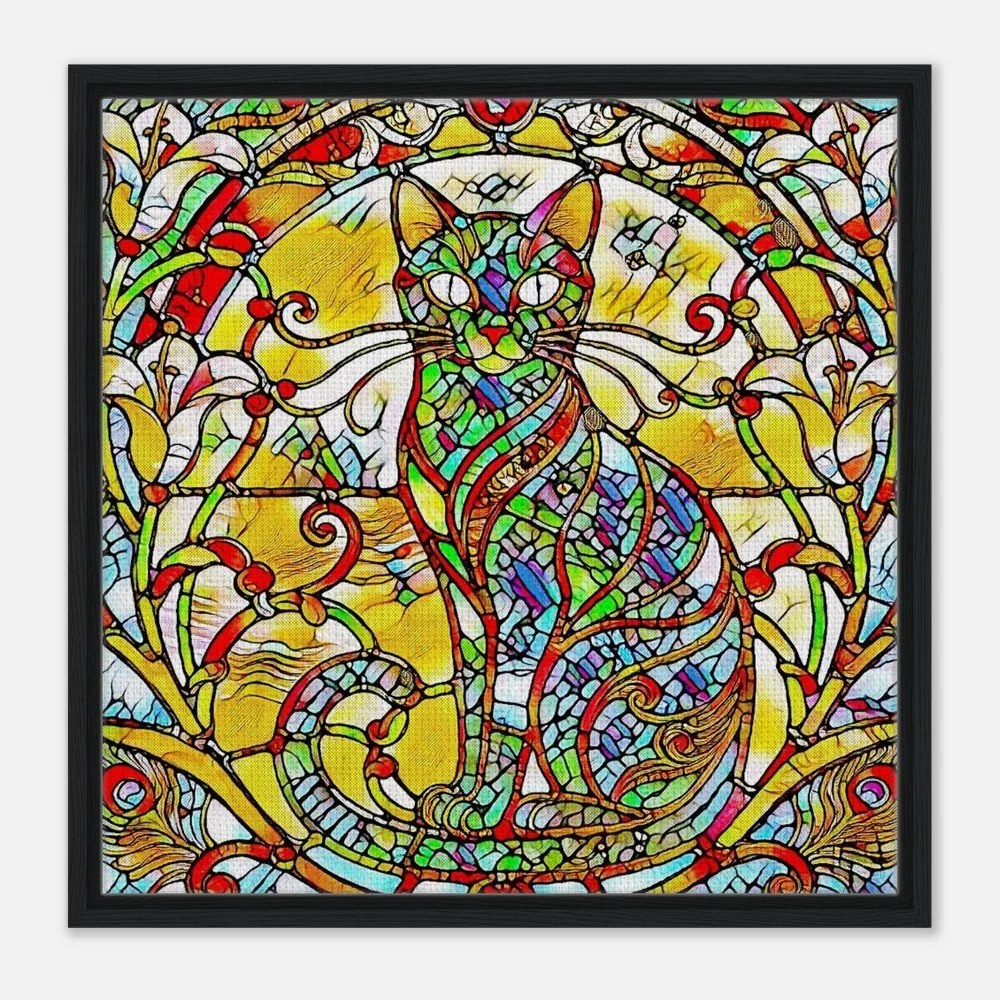 Framed Canvas Print: The Serene Cat - Stained Glass Window