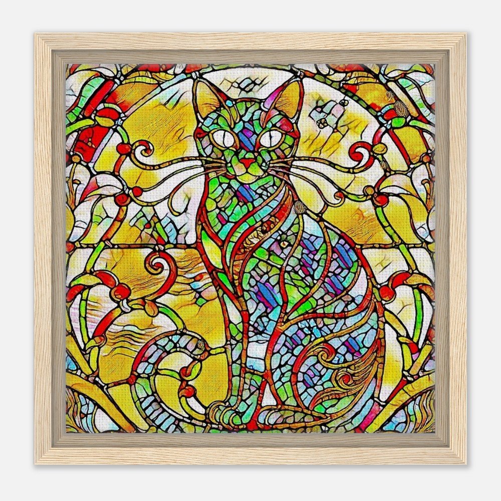 Framed Canvas Print: The Serene Cat - Stained Glass Window