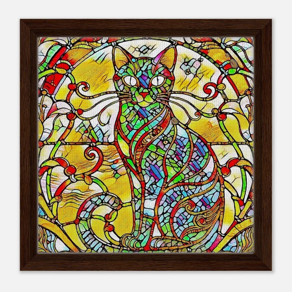 Framed Canvas Print: The Serene Cat - Stained Glass Window