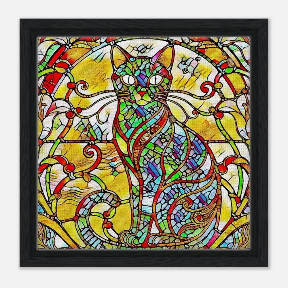 Framed Canvas Print: The Serene Cat - Stained Glass Window