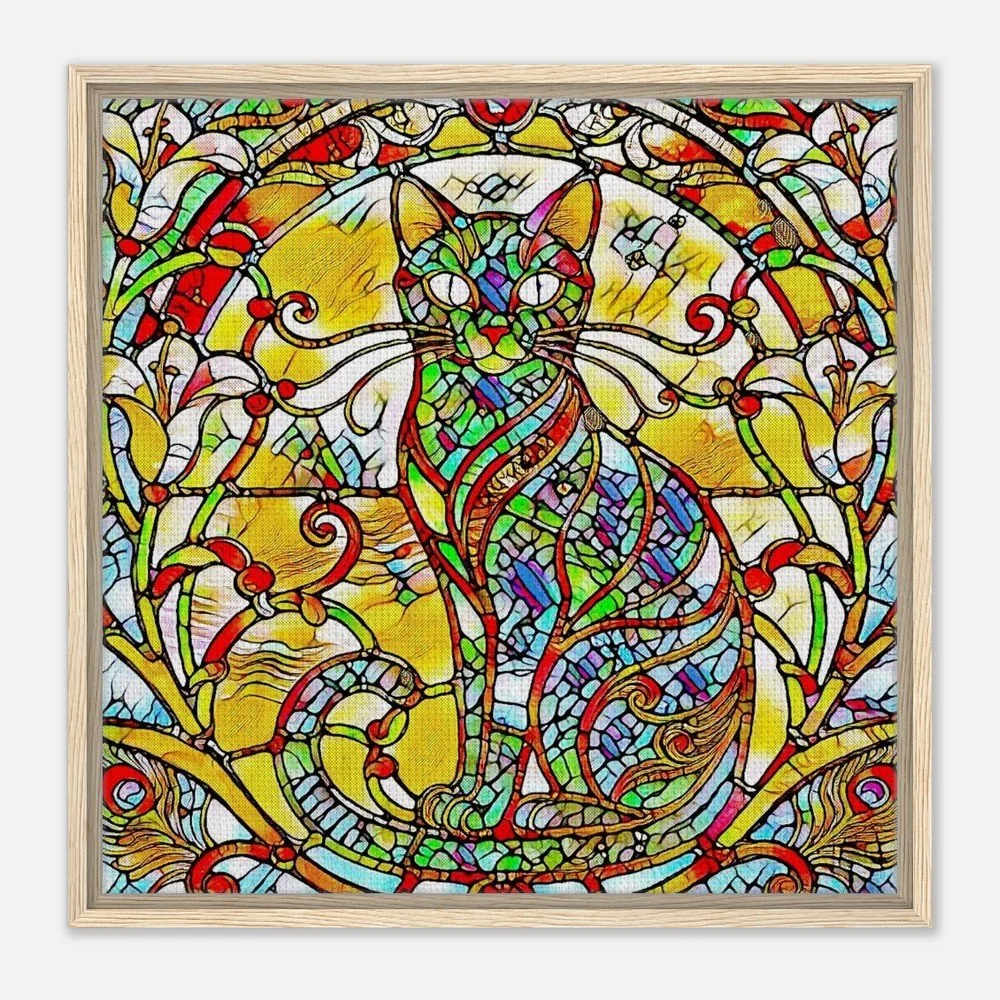 Framed Canvas Print: The Serene Cat - Stained Glass Window