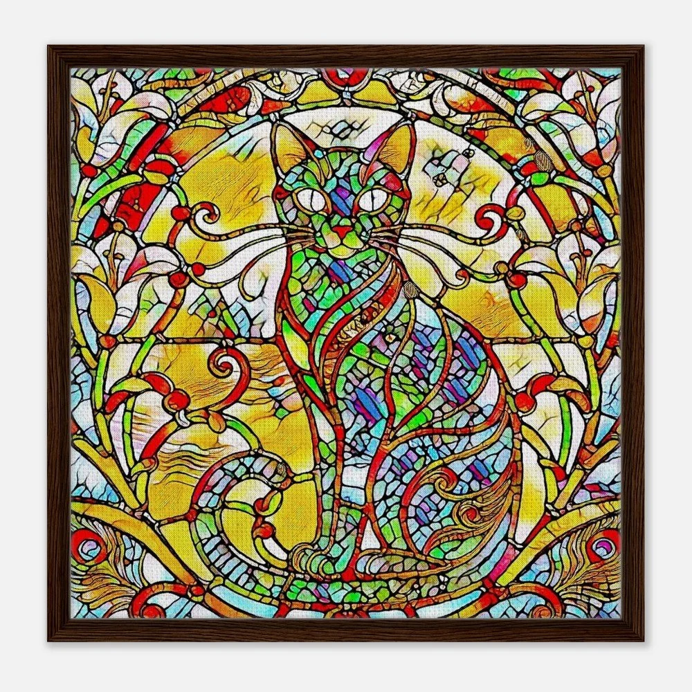 Framed Canvas Print: The Serene Cat - Stained Glass Window
