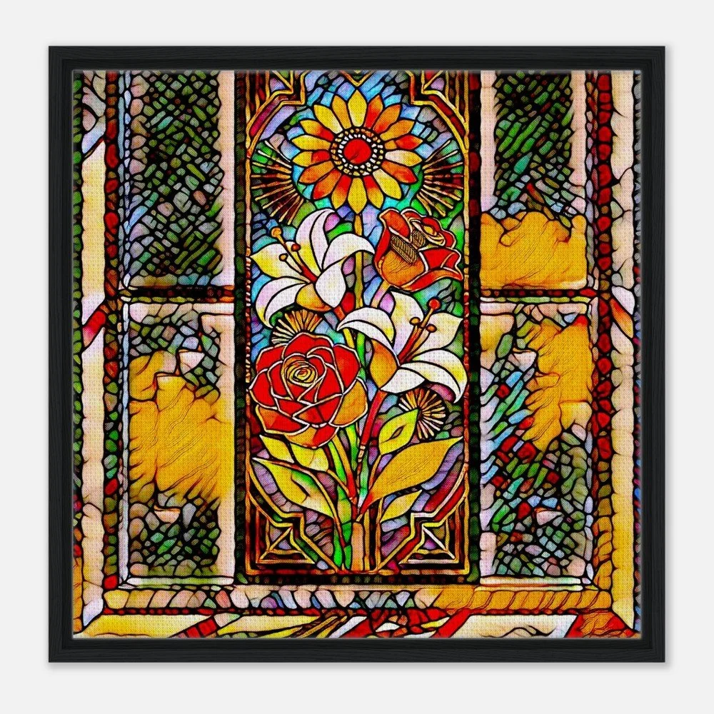 Framed Canvas Print: The Serene Vase of Flowers - Stained Glass Window
