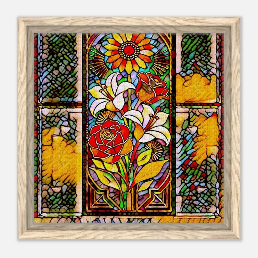 Framed Canvas Print: The Serene Vase of Flowers - Stained Glass Window