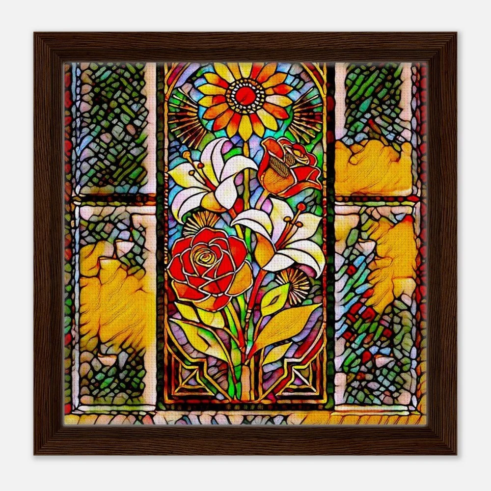 Framed Canvas Print: The Serene Vase of Flowers - Stained Glass Window