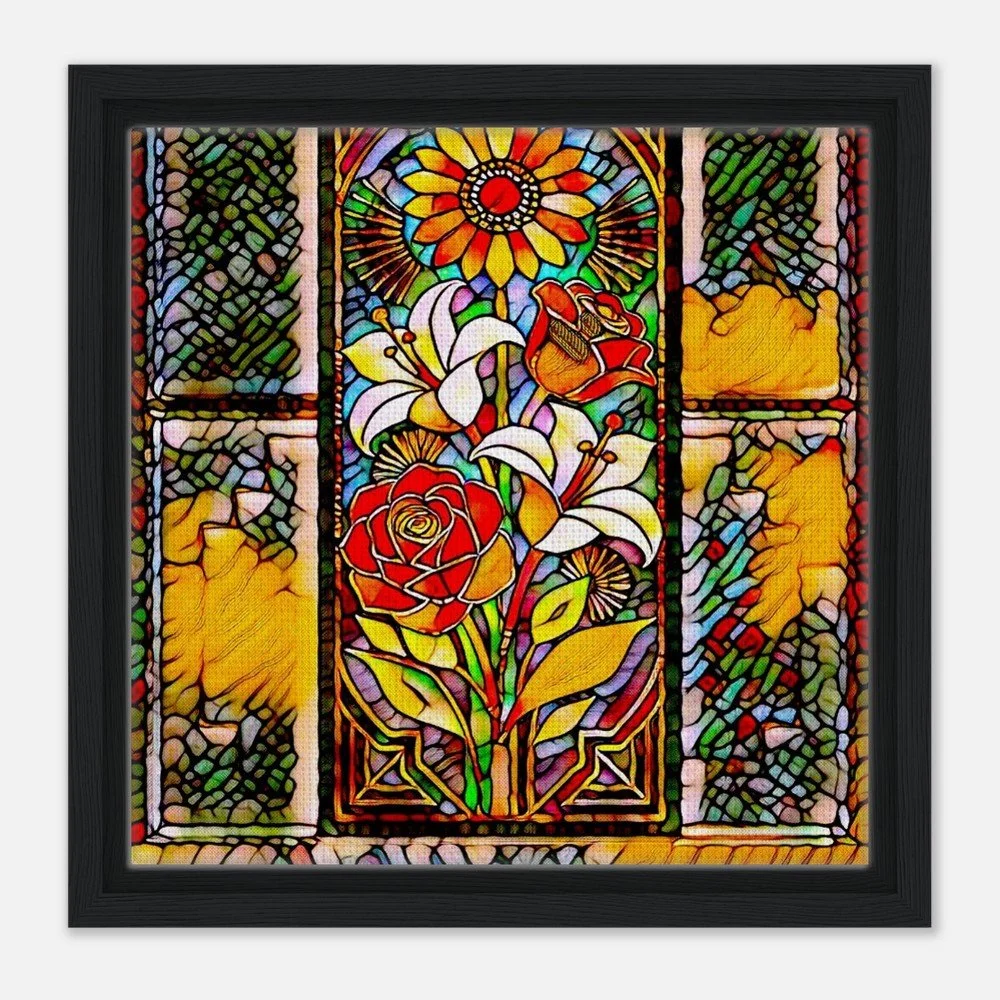 Framed Canvas Print: The Serene Vase of Flowers - Stained Glass Window