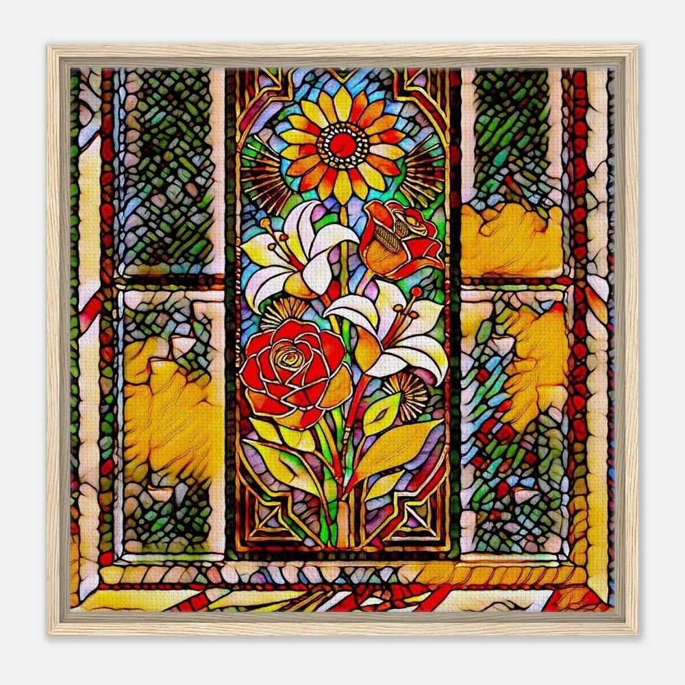 Framed Canvas Print: The Serene Vase of Flowers - Stained Glass Window