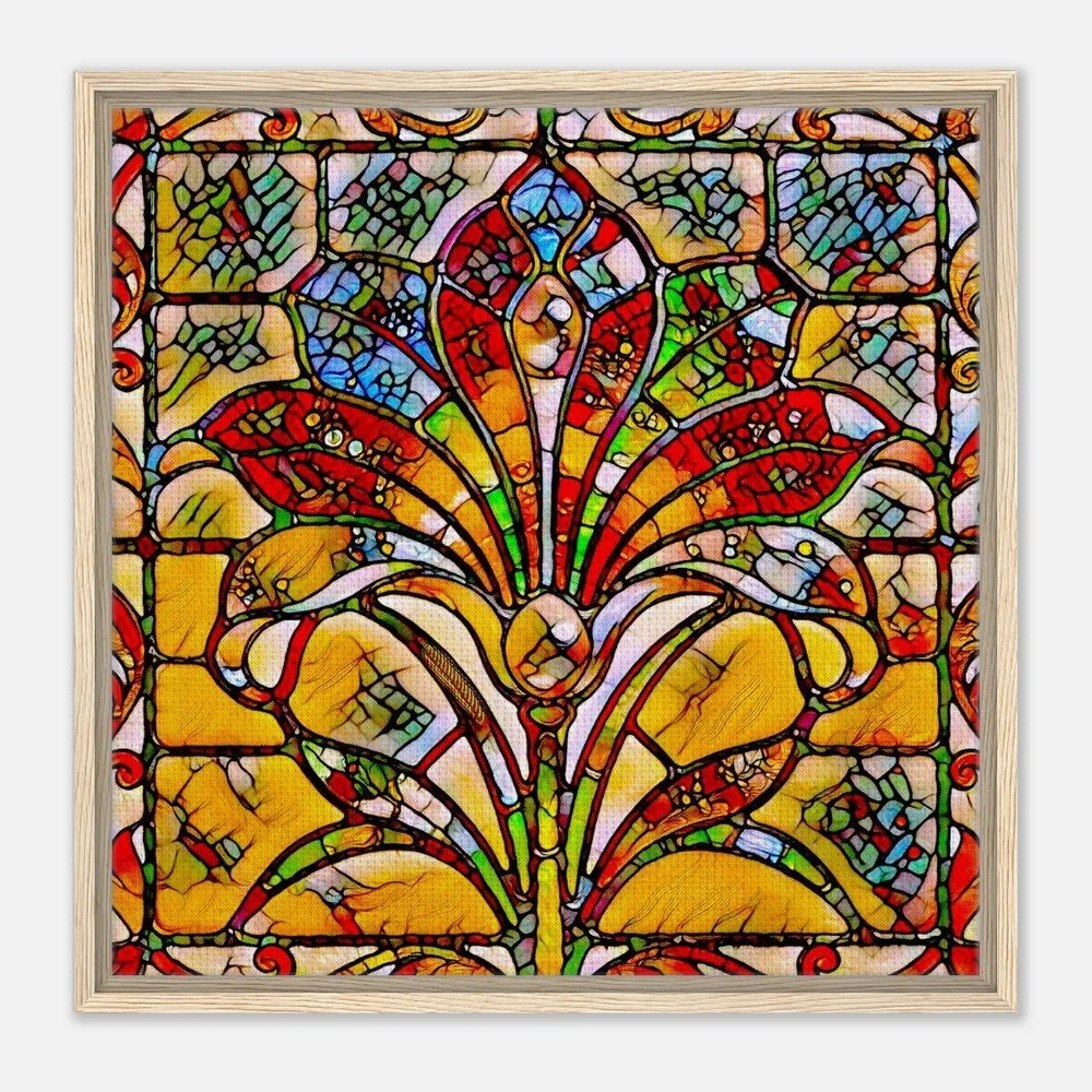 Framed Canvas Print: The Serene Flower Fan - Stained Glass Window