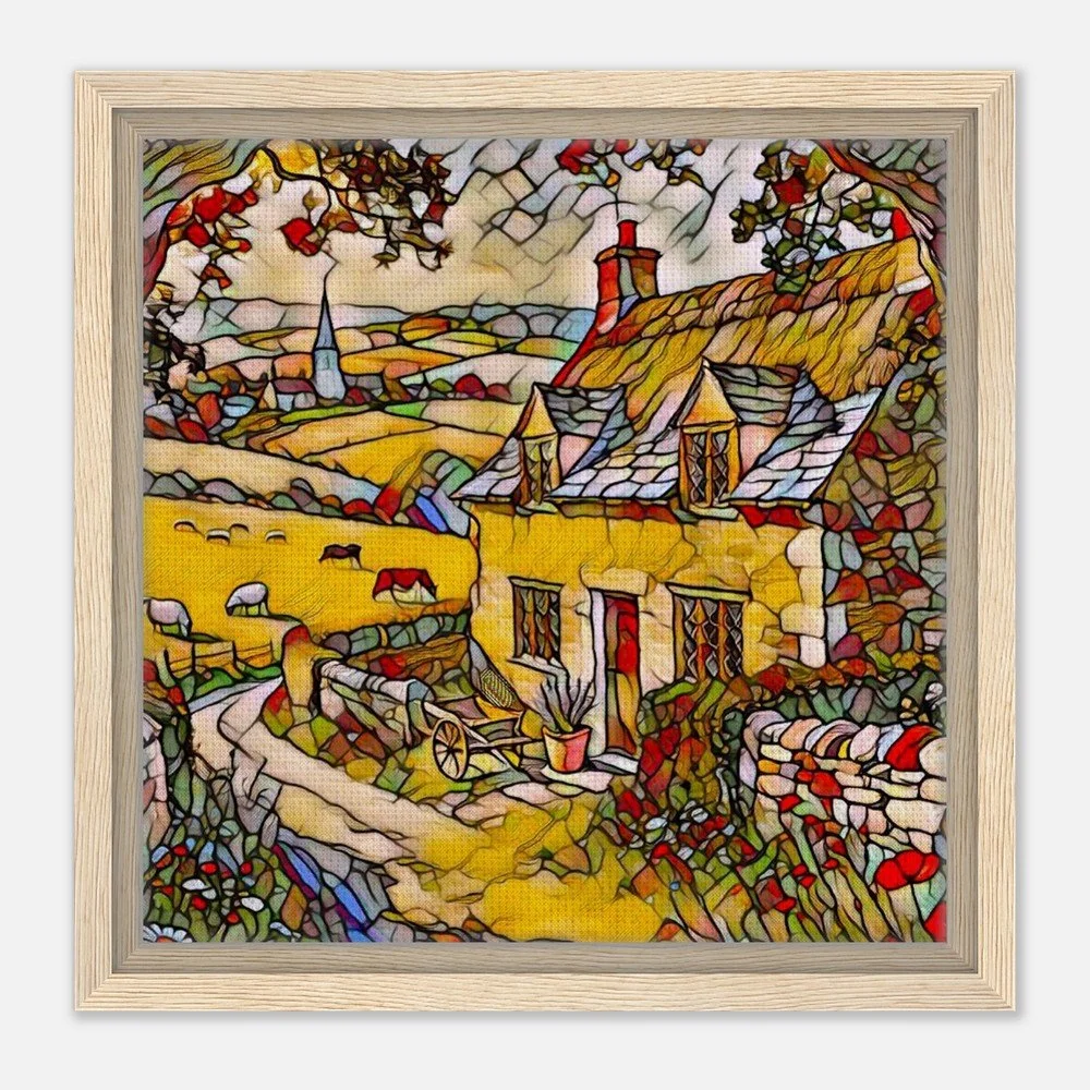 Framed Canvas Print: The Serene Cotswolds Village - Stained Glass Window