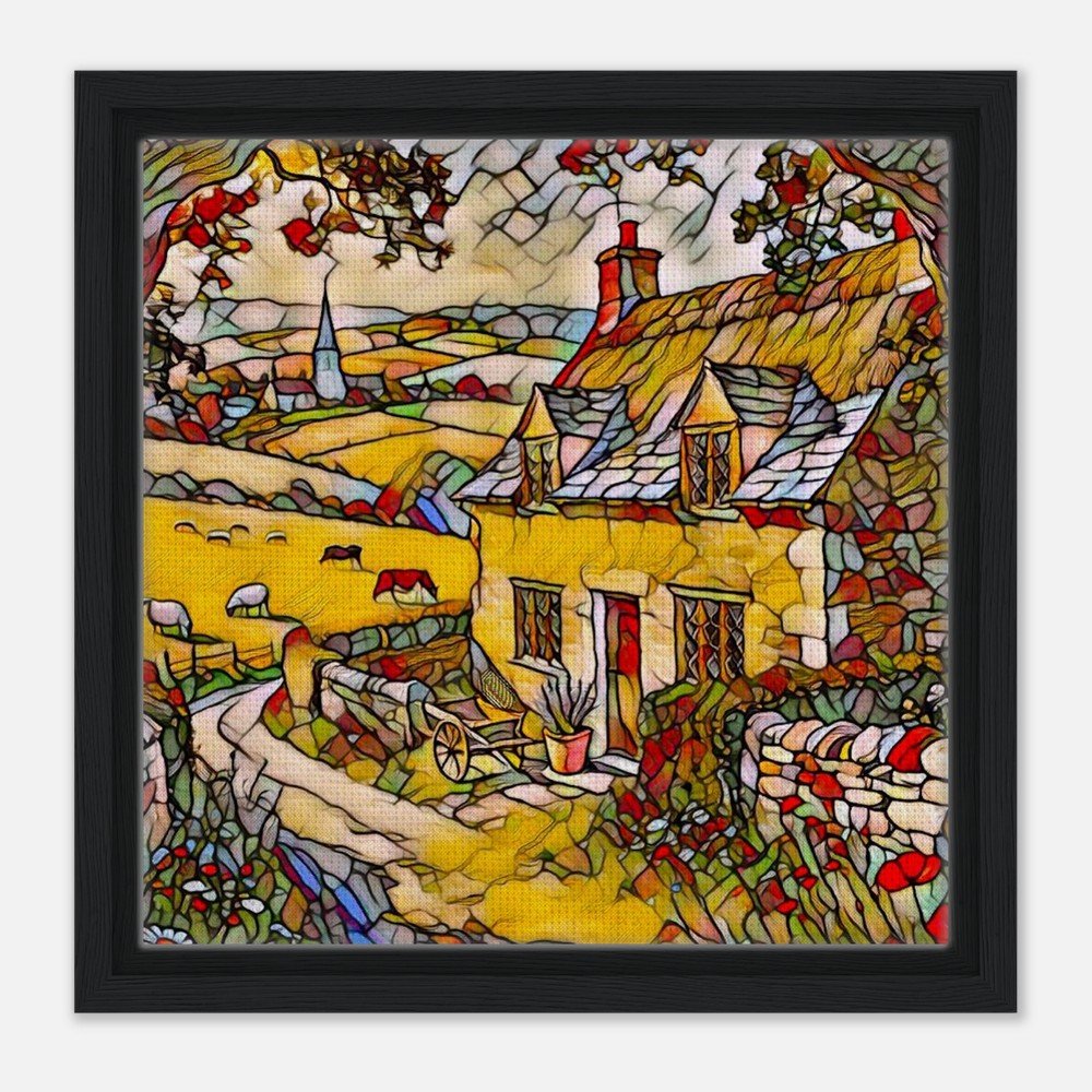 Framed Canvas Print: The Serene Cotswolds Village - Stained Glass Window