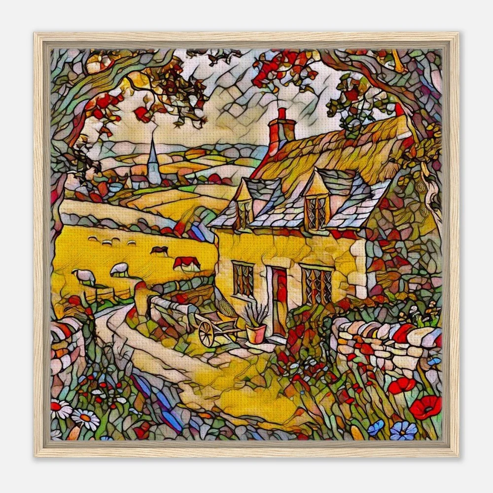 Framed Canvas Print: The Serene Cotswolds Village - Stained Glass Window