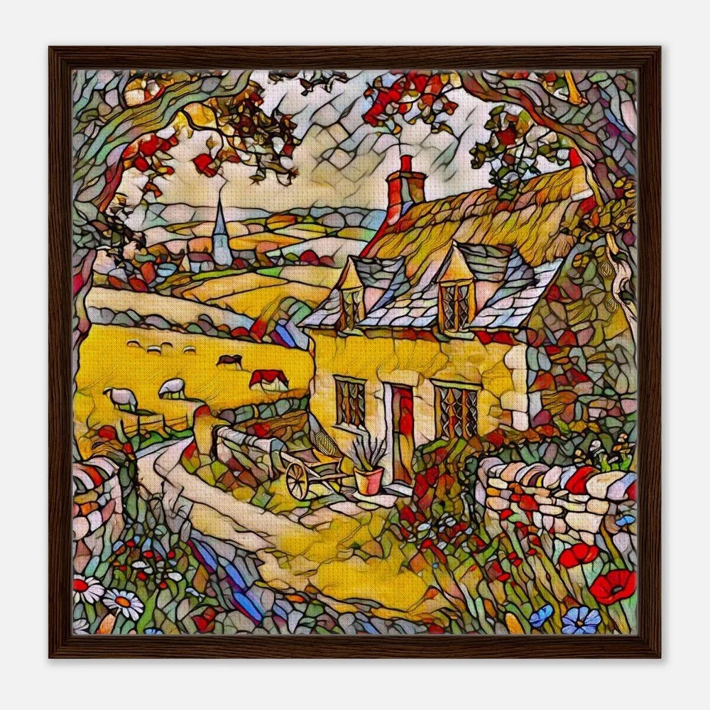 Framed Canvas Print: The Serene Cotswolds Village - Stained Glass Window