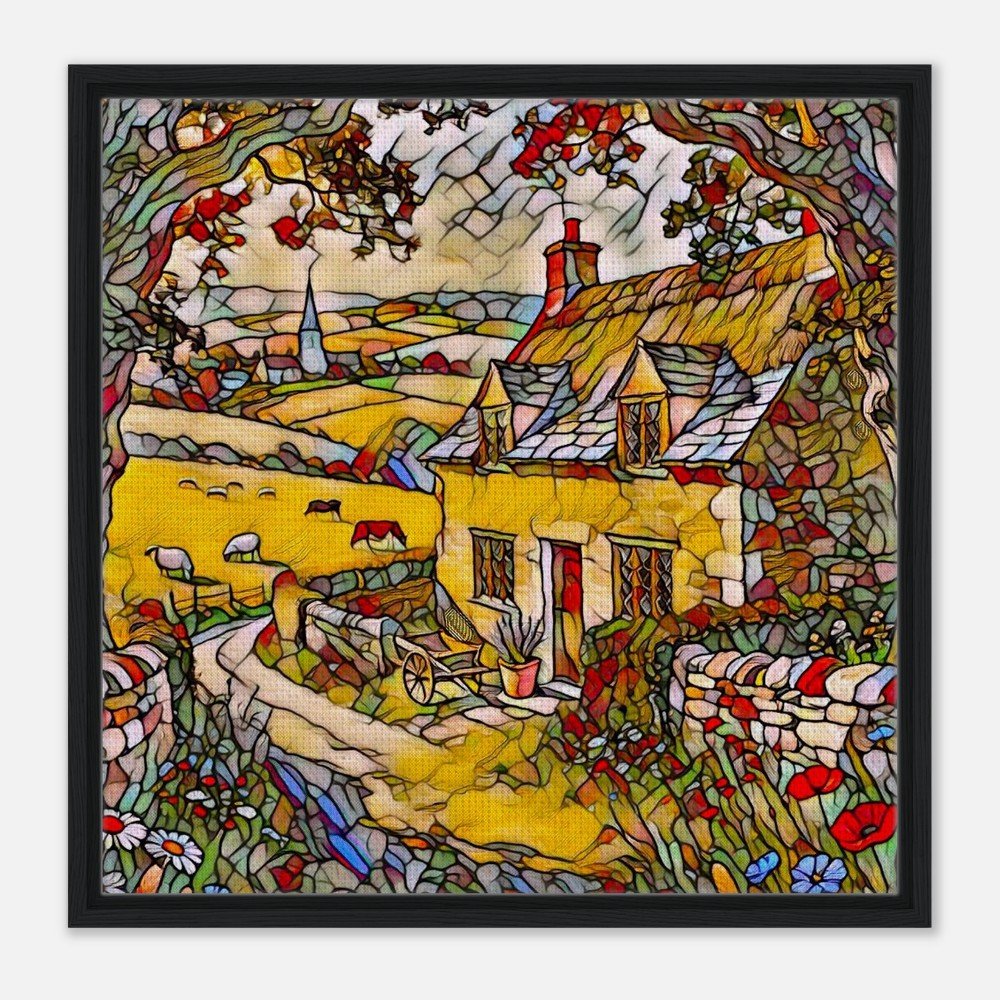 Framed Canvas Print: The Serene Cotswolds Village - Stained Glass Window