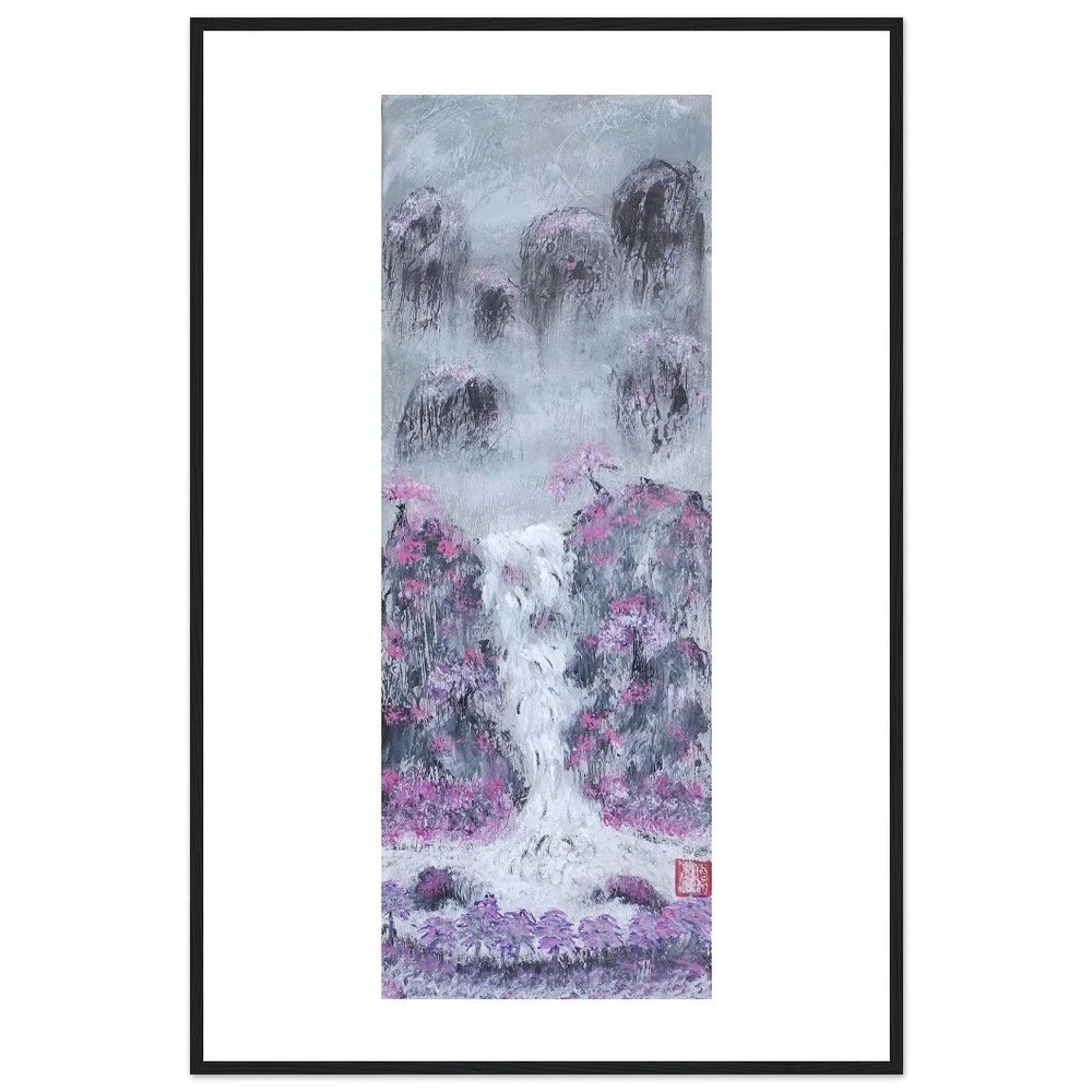 Premium Semi-Glossy Paper Wooden Framed Print - Waterfall Mountains